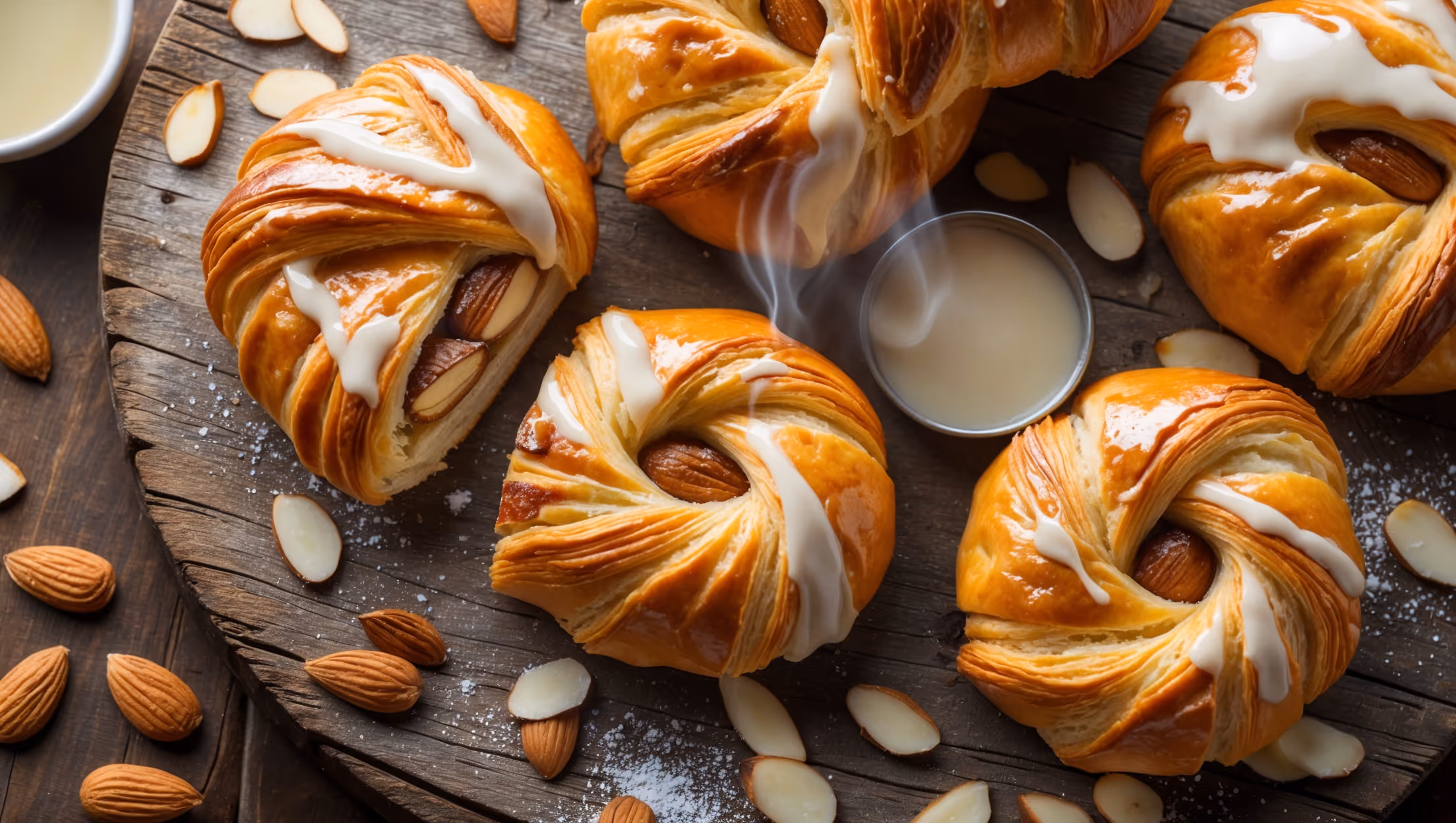 An overhead shot of golden-brown almond Danishes arranged on a weathered wooden serving board, with one Danish in the foreground cut to reveal the luscious almond filling. Soft natural light highlights the flaky, laminated pastry layers and glistening drizzle of vanilla glaze. Scattered sliced almonds create visual texture around the pastries, while a small bowl of additional glaze and a sprinkling of powdered sugar add dimension. The rich amber tones of the pastry contrast beautifully with the creamy almond filling, and steam visibly rises from a freshly-cut piece, suggesting warmth and freshness.