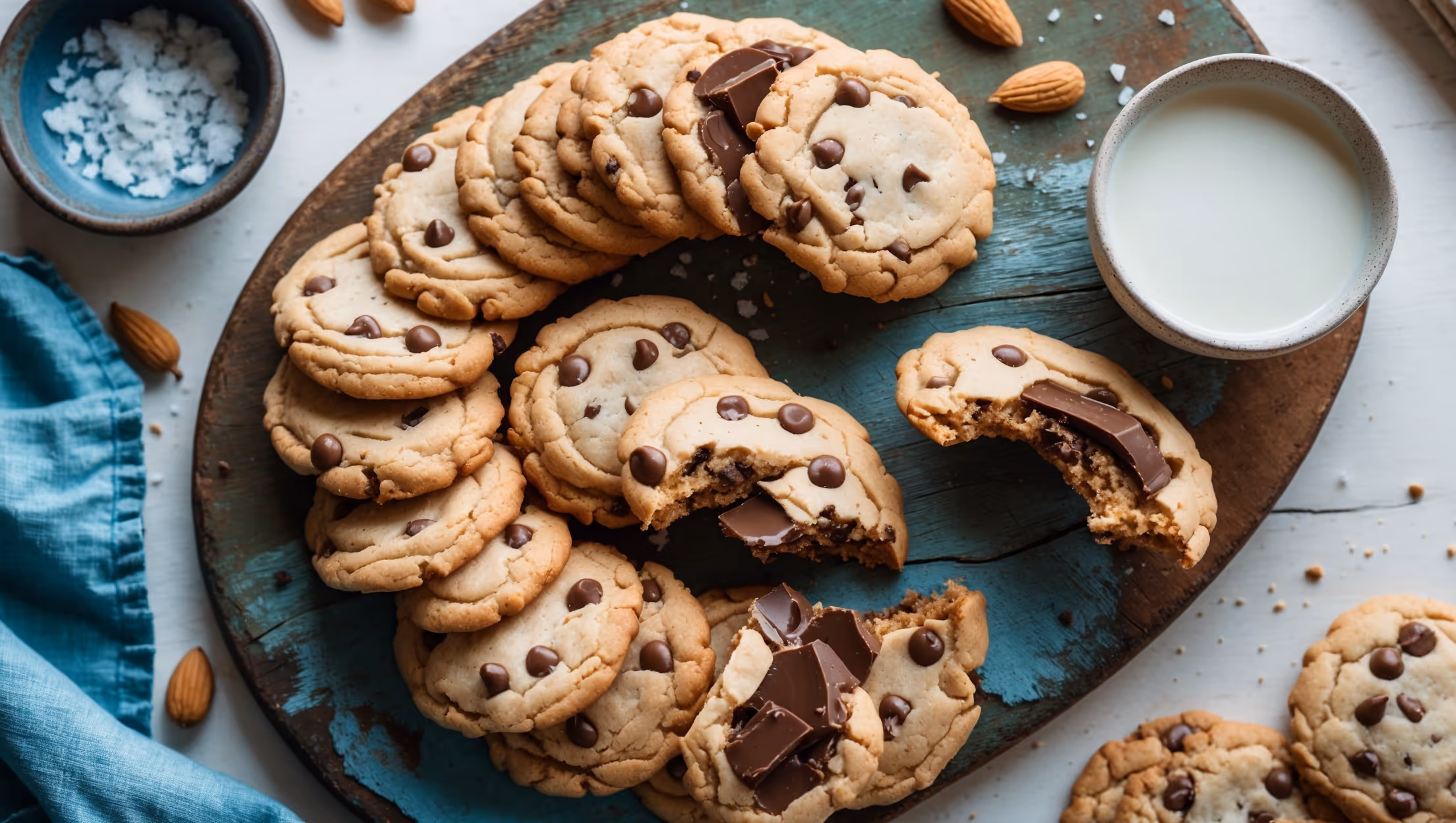 An overhead shot of almond flour chocolate chip cookies arranged in a rustic spiral pattern on a weathered wooden board, with a few cookies broken in half to reveal melty chocolate chunks and the tender interior texture. Captured in soft natural light streaming through a kitchen window, highlighting the golden-brown edges and subtle sheen. A small bowl of flaky sea salt and scattered whole almonds provide context, while a vintage blue linen napkin adds color contrast to the warm cookie tones. A glass of milk sits partially in frame, suggesting the perfect pairing for these homemade treats.