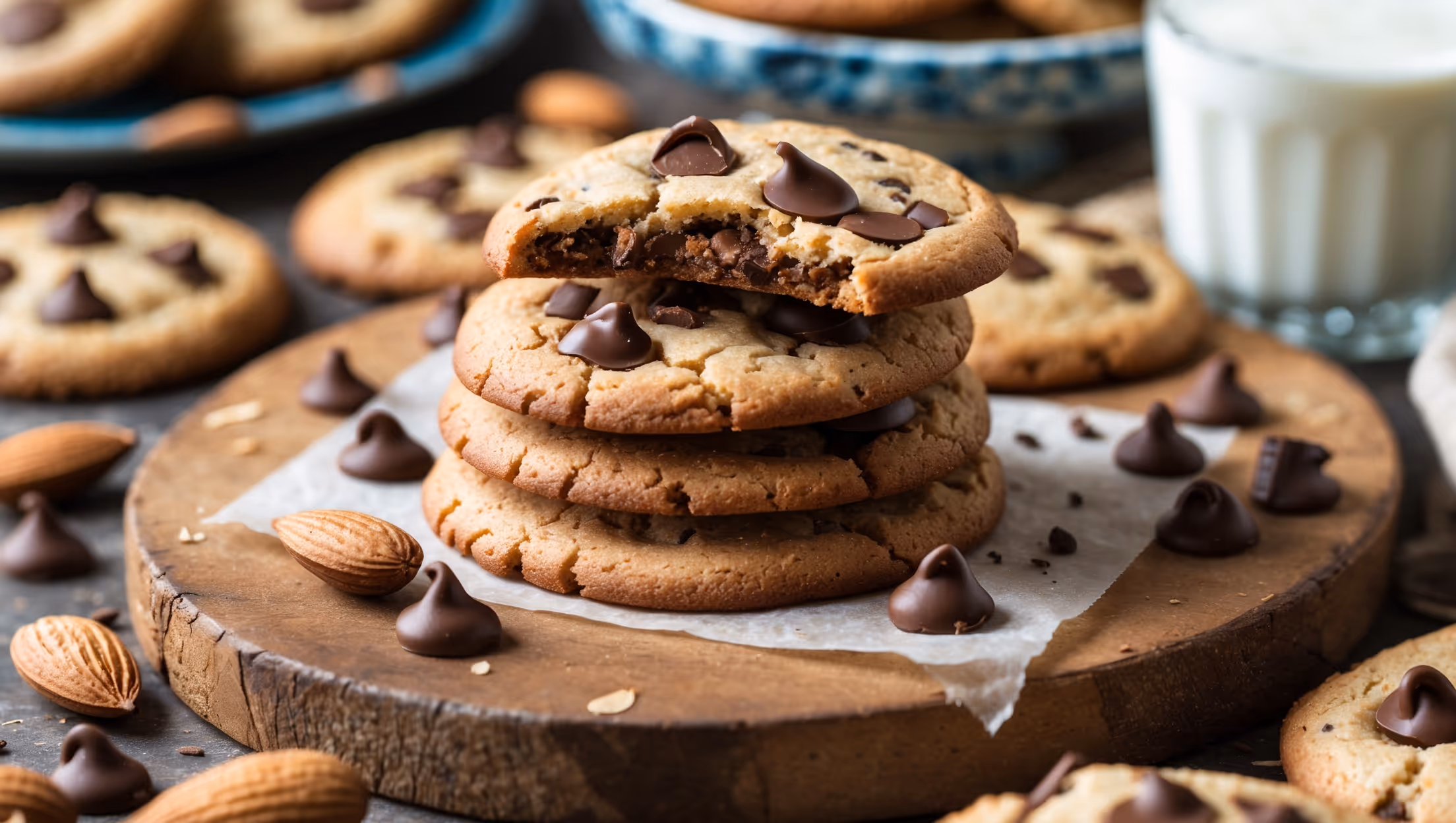 A stack of golden-brown almond flour chocolate chip cookies captured in warm natural light on a rustic wooden serving board. A close-up reveals their slightly crisp edges and soft, chewy centers studded with melting chocolate chunks. Some cookies are broken in half, showcasing the perfect distribution of chocolate chips throughout the nutty-textured cookie. Scattered whole almonds and a few extra chocolate pieces surround the composition, while a vintage blue ceramic plate holds additional cookies in the background. The scene is completed with a glass of milk and a linen napkin, emphasizing the homemade, comforting quality of these gluten-free treats.