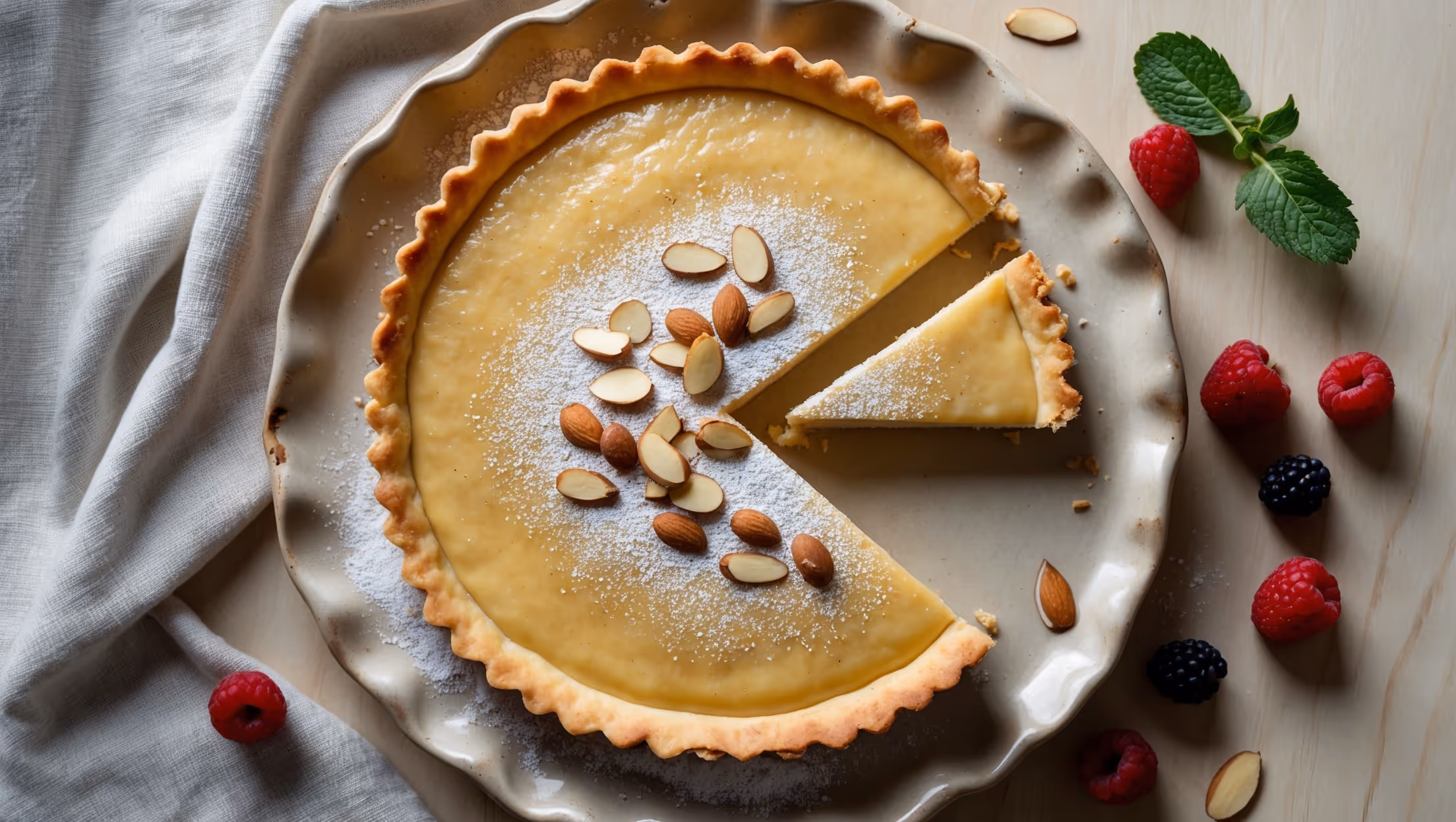 An overhead shot of the Almond Custard Tart showcases its golden-brown pastry with a perfectly set custard center that glistens slightly under soft natural light. A cross-section reveals the distinct layers of crisp, flaky shortcrust and smooth, creamy almond-flecked filling. The tart sits on a vintage ceramic cake stand against a neutral linen backdrop, garnished with sliced almonds and a light dusting of powdered sugar that catches the light beautifully. Several fresh berries scatter the wooden surface alongside a small sprig of mint, adding vibrant color contrast to the warm golden tones of the tart.