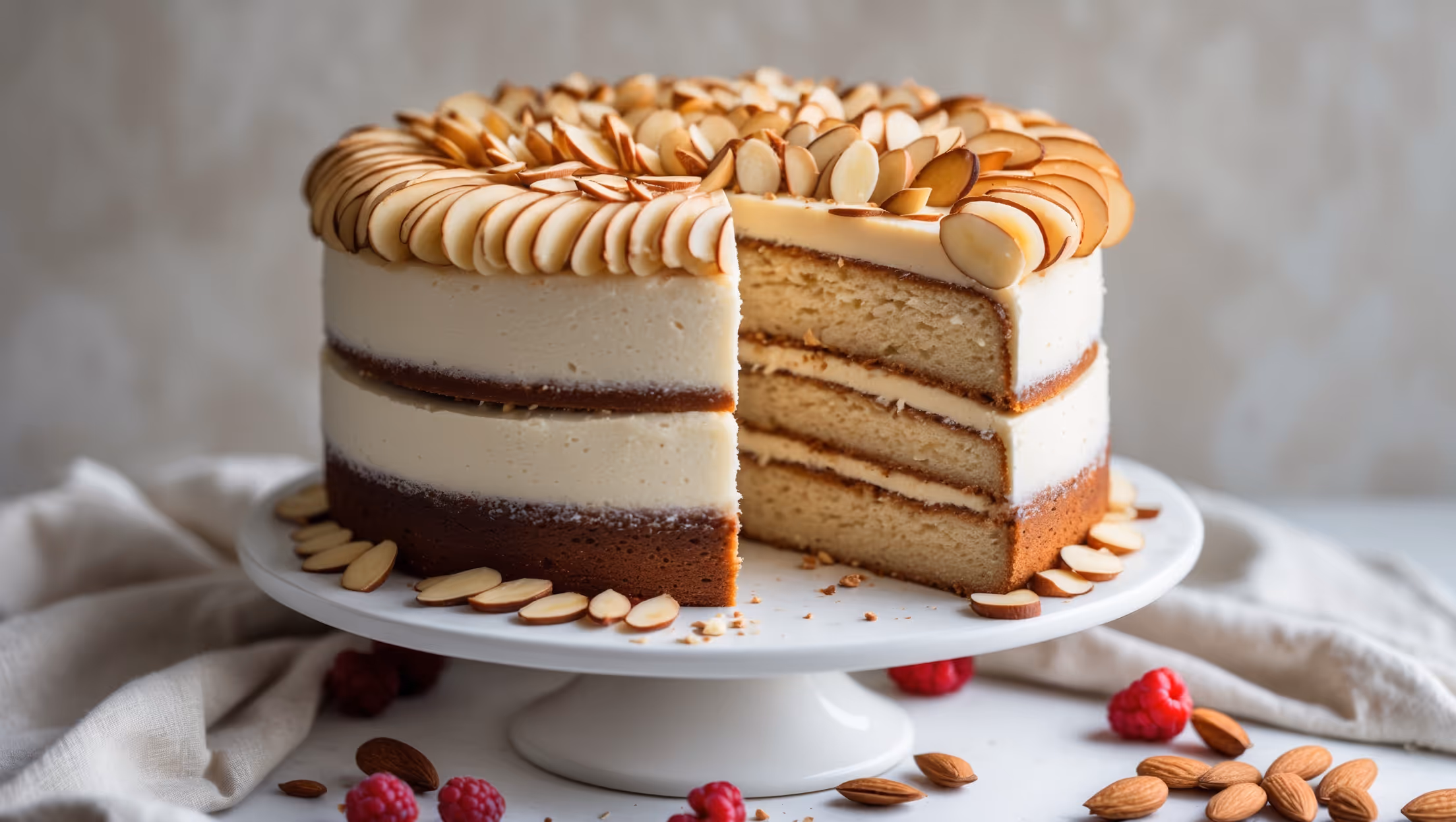 A three-layer almond cake captured in soft natural light, showcasing its perfectly even layers through a clean cross-section view. The ivory-colored almond-studded sponge contrasts beautifully with the slightly darker almond buttercream filling. The top is artfully decorated with a pattern of toasted sliced almonds that radiate from the center, creating a golden crown effect. A small slice has been removed, revealing the cake's moist, tender crumb structure. The cake sits on an elegant white cake stand against a neutral linen backdrop, with a scattering of whole and chopped almonds and a few fresh berries adding color contrast around the base.