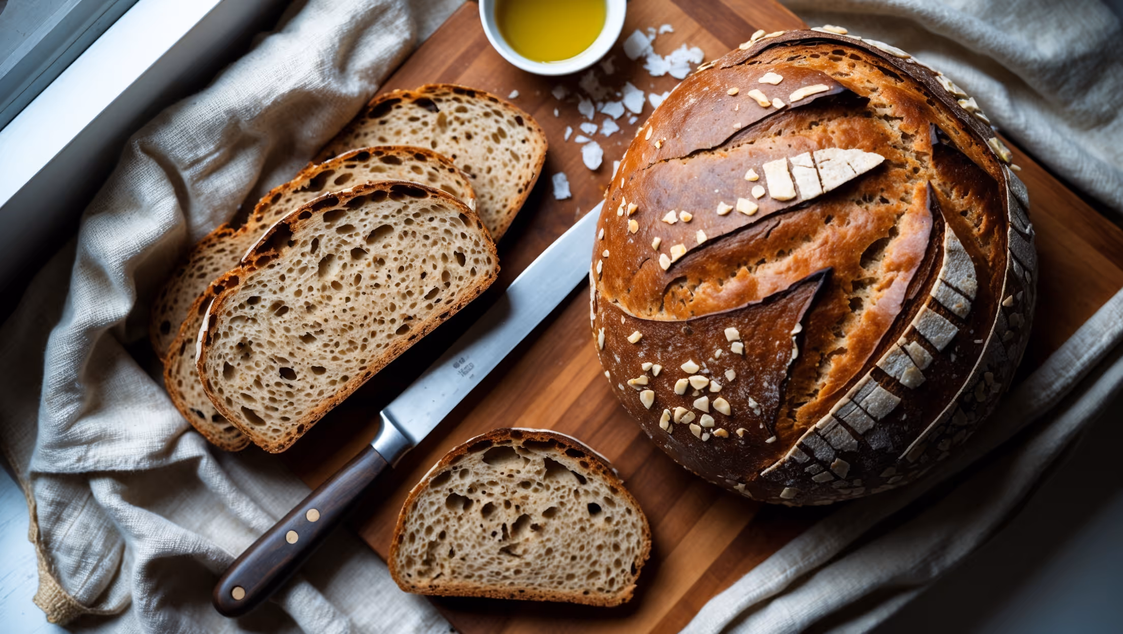An overhead shot of a rustic loaf with a beautifully cracked golden-brown crust, placed on a wooden cutting board with a linen towel underneath. A cross-section reveals a tender crumb with visible whole grain textures and tiny flecks of nuts. Soft natural light streams in from a side window, highlighting the bread's varied textures and warm color palette. A knife rests beside a few freshly cut slices, showing the bread's sturdy yet tender interior structure. A small dish of olive oil and a sprinkle of flaky sea salt sit nearby, suggesting serving options for this nutritious homemade loaf.