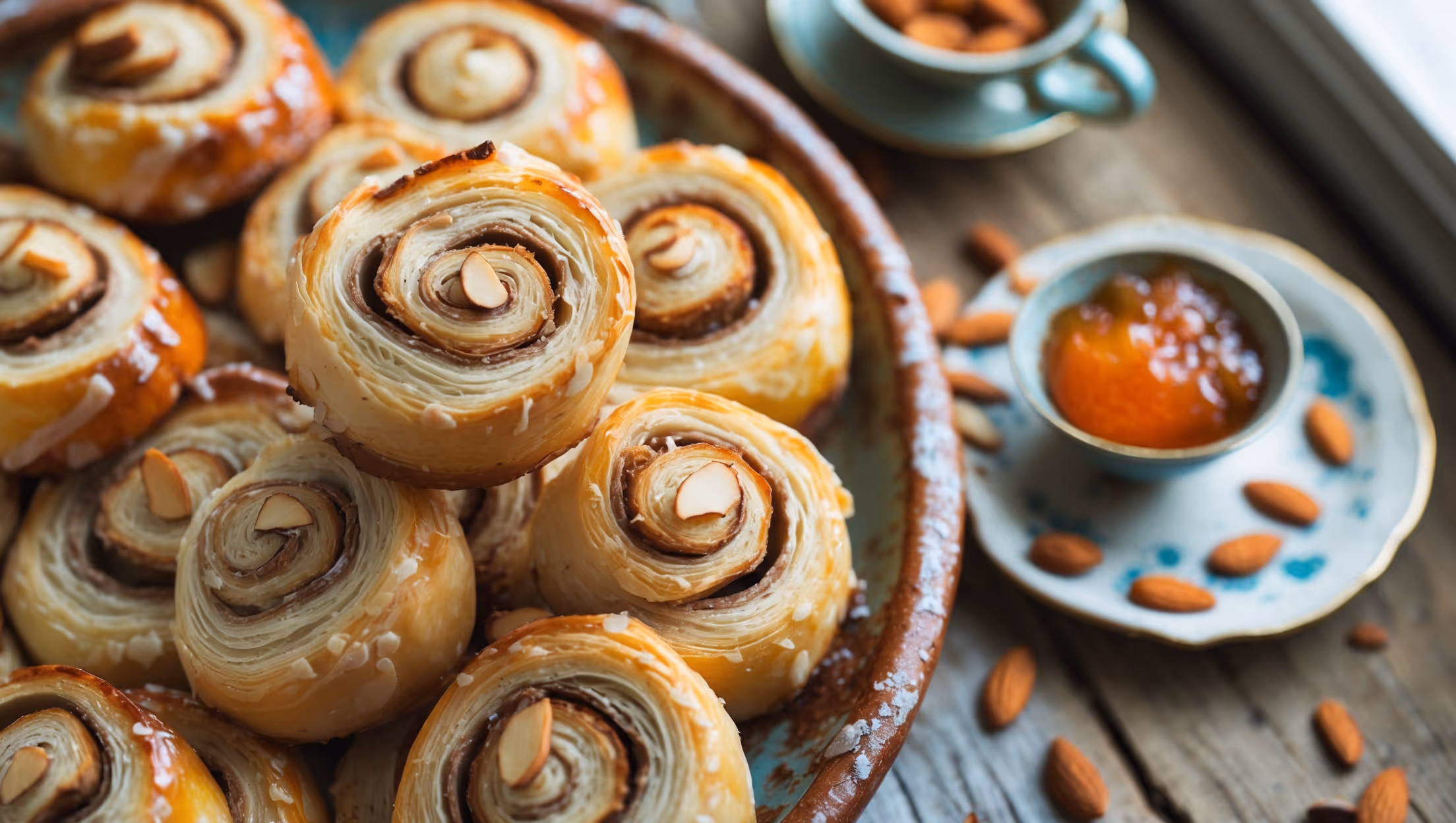 An overhead shot of golden-brown almond paste pinwheels arranged on a rustic ceramic platter, with one pinwheel placed upright to showcase the perfect spiral pattern. Soft natural light streams in from a side window, highlighting the flaky pastry layers and caramelized edges. A close-up reveals the delicate swirls of almond paste nestled within buttery dough, topped with sliced almonds that have toasted to perfection. The glaze catches the light with a subtle sheen, while scattered almond slivers and a small bowl of apricot preserves sit artfully in the background, accompanied by a vintage tea cup on a weathered wooden table.