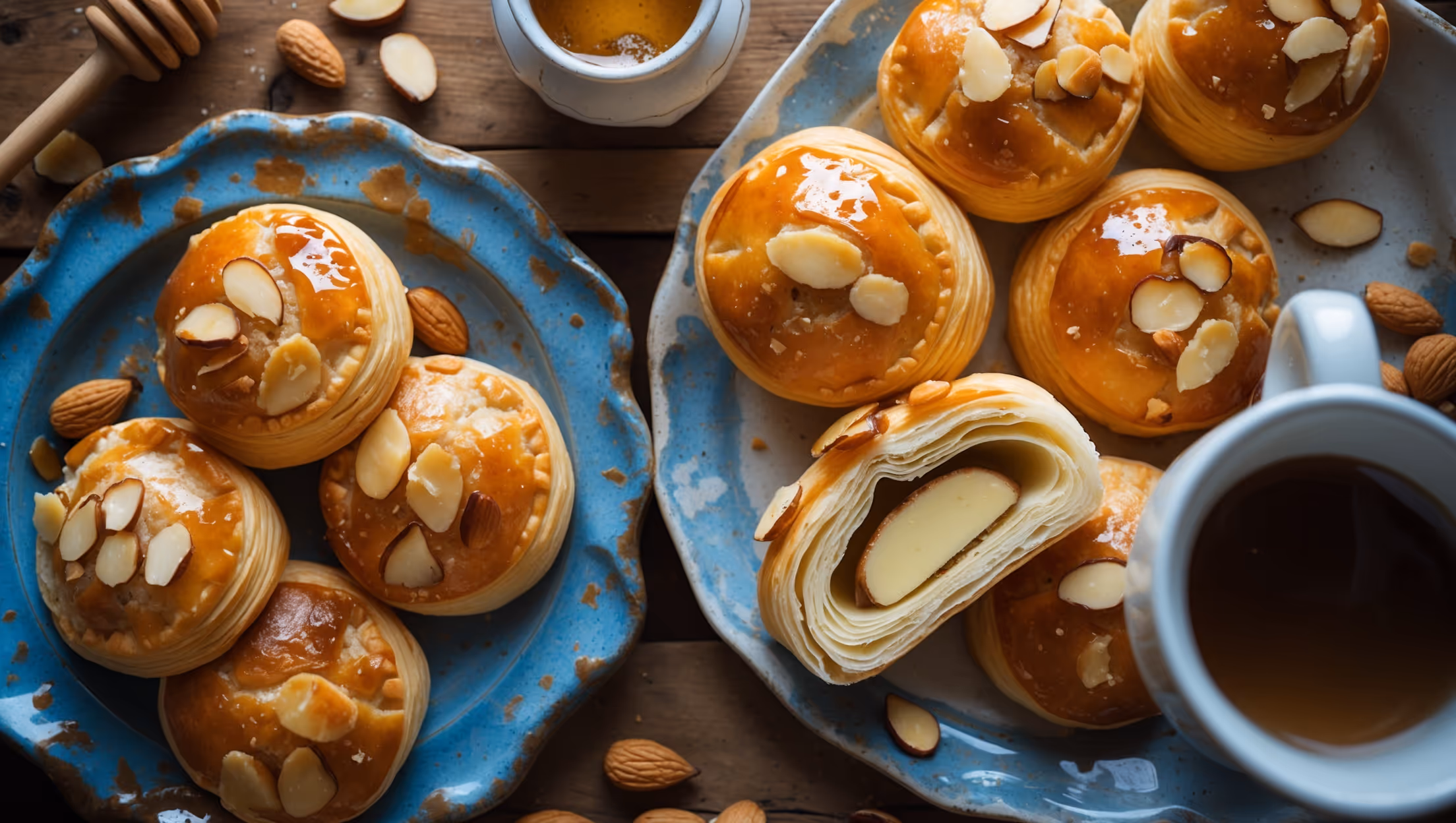 An overhead shot of golden-brown Almond Paste Danish pastries arranged on a vintage blue ceramic platter, their surfaces glistening with a delicate honey glaze and scattered with toasted sliced almonds. A cross-section view reveals the buttery, flaky pastry layers encasing the rich almond filling, which has a subtle yellow hue against the golden pastry. The scene is bathed in soft morning light filtering through a kitchen window, highlighting the delicate lamination of the Danish dough. A small pot of honey with a wooden dipper sits nearby alongside a scattering of whole almonds and a freshly brewed cup of coffee in a white porcelain mug, creating a cozy breakfast setting on a rustic wooden table.
