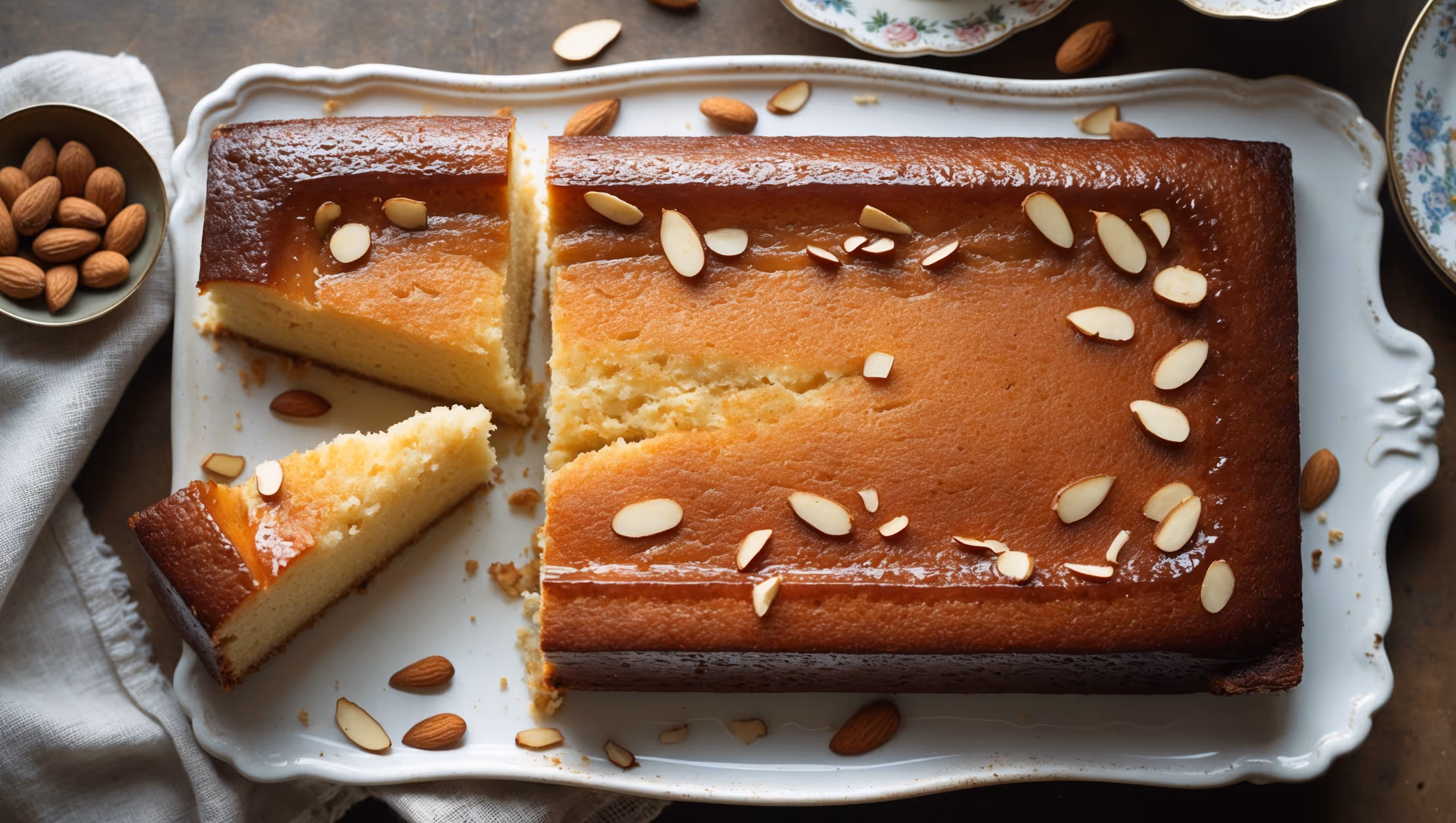 An overhead shot of a golden-brown almond sheet cake on a vintage white ceramic platter, with one perfect slice cut to reveal its moist, tight crumb. Soft natural light streams across the scene, highlighting the glossy vanilla glaze that cascades down the sides and pools slightly at the edges. Scattered almond slivers decorate the top, some beautifully toasted to enhance their visual appeal. In the background, a small bowl of raw almonds and a linen napkin add rustic charm, while a delicate china teacup suggests the perfect pairing for this elegant yet homey dessert.