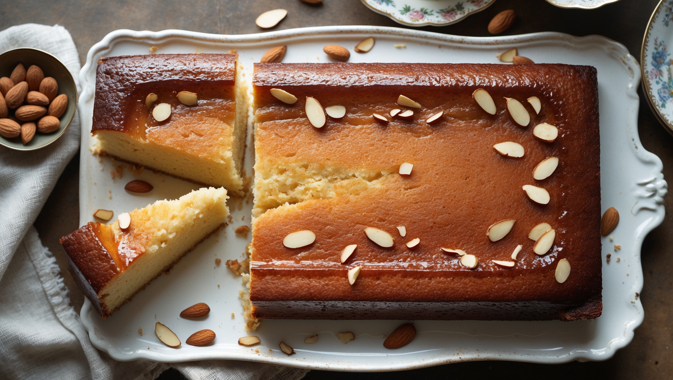 An overhead shot of a golden-brown almond sheet cake on a vintage white ceramic platter, with one perfect slice cut to reveal its moist, tight crumb. Soft natural light streams across the scene, highlighting the glossy vanilla glaze that cascades down the sides and pools slightly at the edges. Scattered almond slivers decorate the top, some beautifully toasted to enhance their visual appeal. In the background, a small bowl of raw almonds and a linen napkin add rustic charm, while a delicate china teacup suggests the perfect pairing for this elegant yet homey dessert.
