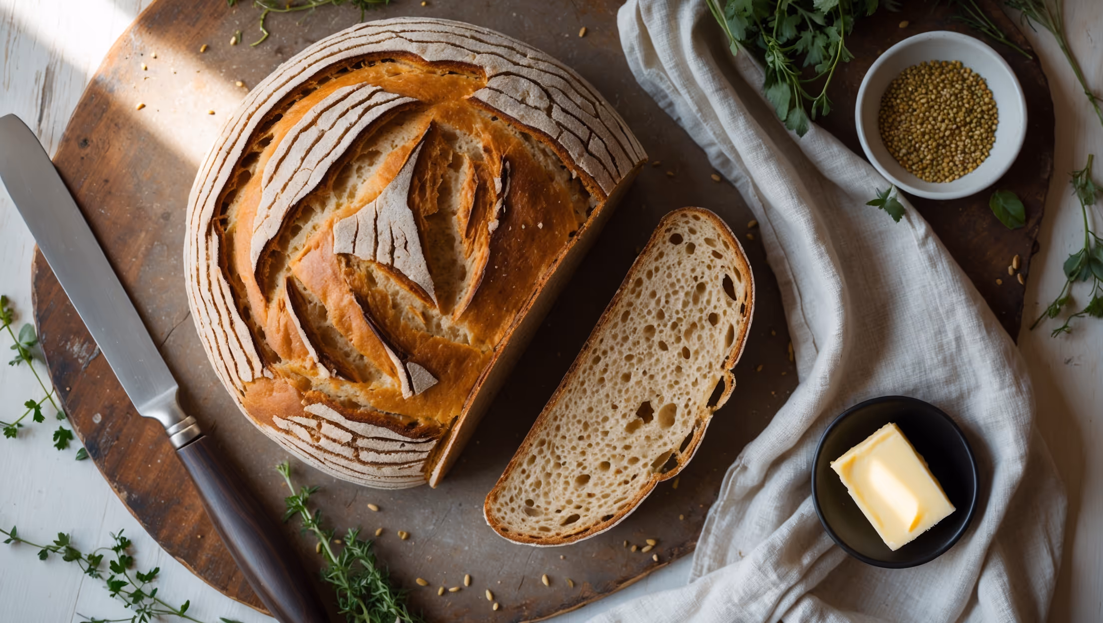 An overhead shot of a rustic round loaf of amaranth bread with a beautifully cracked golden-brown crust, placed on a weathered wooden cutting board. A cross-section view reveals the bread's distinctive light tan crumb with tiny flecks of amaranth seeds scattered throughout. Soft natural light streams in from a nearby window, highlighting the bread's textural elements and creating gentle shadows. Scattered around the loaf are sprigs of fresh herbs, a small bowl of amaranth seeds, and a linen cloth partially draped beneath the bread. A butter knife rests beside a slice that's been cut to showcase the bread's perfect density and even air pockets, with a small dish of softened butter nearby.