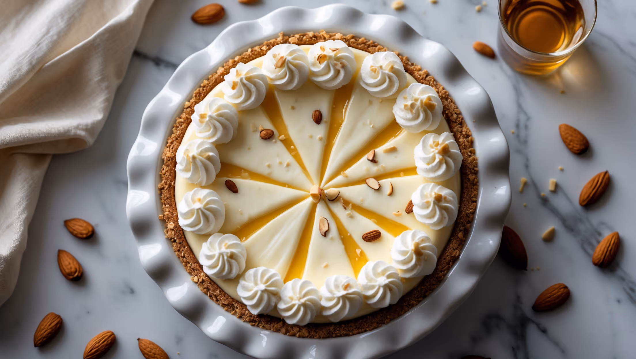 An overhead shot of the Amaretto Cream Pie reveals its perfect golden graham cracker crust embracing a silky, pale yellow amaretto-infused custard. Soft natural light highlights the swirls of freshly whipped cream decoratively piped around the edge, with a dusting of toasted almond slivers creating beautiful texture contrast. A cross-section view shows the distinct layers of crust, velvety custard and airy topping, while a drizzle of amaretto liqueur glistens on the surface. The pie rests on a vintage white ceramic stand against a marble countertop, with scattered whole almonds and a small glass of amaretto strategically placed alongside, emphasizing the key flavors of this elegant dessert.