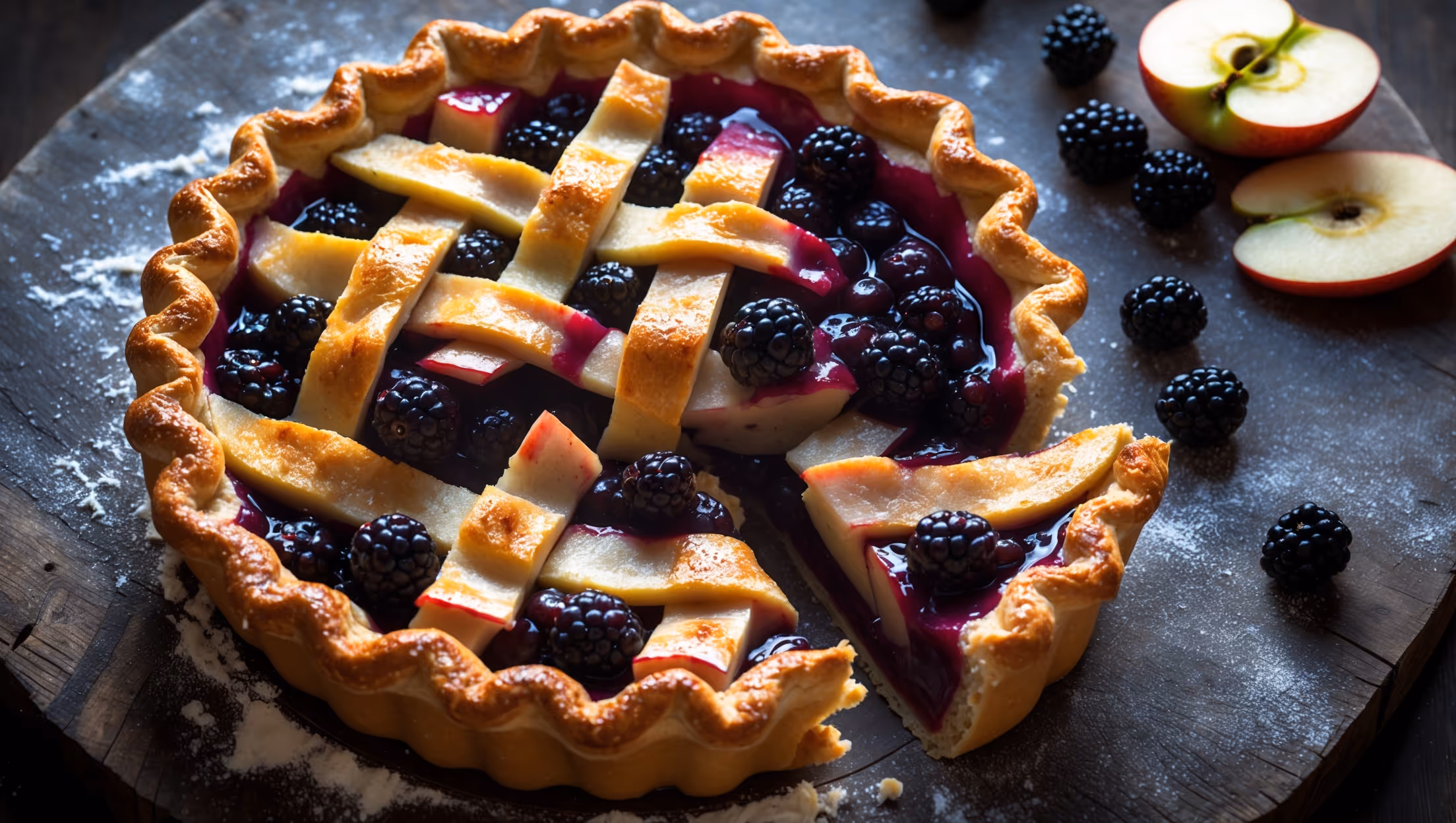 An overhead shot captures this rustic Apple Blackberry Pie with its beautifully latticed golden-brown crust, where butter-rich pastry weaves across the vibrant filling. Soft natural light highlights where the deep purple-black berry juices bubble through the lattice openings, mingling with caramelized apple pieces visible beneath. The pie sits on a weathered wooden board dusted with flour, accompanied by a scattered handful of fresh blackberries and apple slices. A cross-section view reveals distinct layers of tender apple slices and plump blackberries bound in a glossy, cinnamon-scented sauce. Steam rises gently from the freshly cut slice, emphasizing its warm, just-baked appeal.