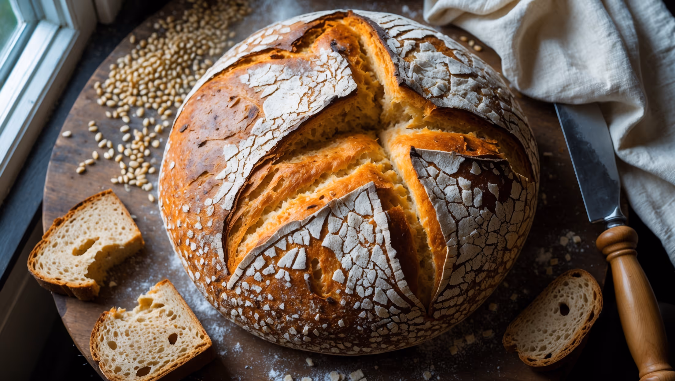 An overhead shot of a rustic round loaf with a deeply golden, crackled crust dusted with flour, displayed on a weathered wooden board beside scattered ancient grains. A cross-section reveals a moist, open crumb structure with varying hues of amber and cream, showcasing the distinctive textures of kamut, spelt, and einkorn. Soft natural light streams through a kitchen window, highlighting the bread's artisanal qualities while a linen towel and vintage bread knife rest nearby, suggesting homemade craftsmanship. Steam gently rises from a freshly cut slice, emphasizing the bread's warmth and inviting aroma.