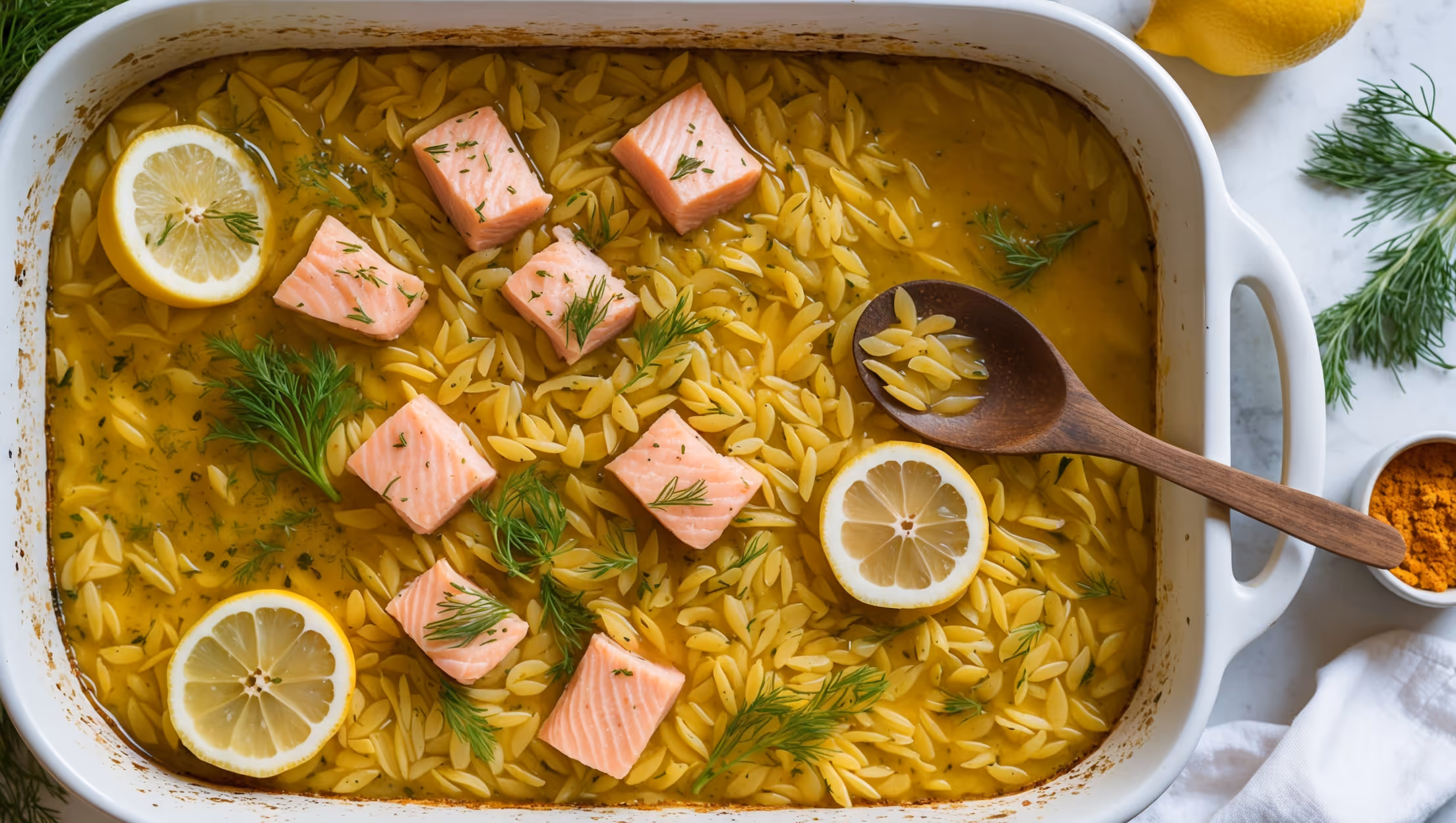 An overhead shot of a golden-yellow casserole in a white ceramic baking dish, where pieces of pink salmon peek through the turmeric-tinted orzo pasta. Soft natural light streams in from the side, highlighting the vibrant lemon slices positioned throughout the dish and fresh dill sprinkled on top. The casserole's surface has a slight glisten from olive oil, with visible specks of black pepper and ginger. Surrounding the dish are scattered fresh ingredients - lemon halves, sprigs of dill, and a small jar of turmeric powder. A wooden serving spoon rests against the edge, revealing the moist, herb-flecked interior of the casserole where the orzo has absorbed the fragrant lemon broth.