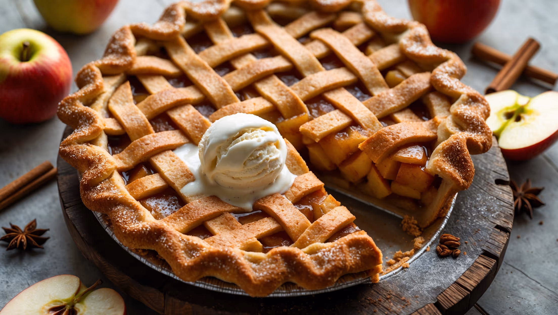 An overhead shot of a golden-brown Apple Chai Spiced Pie with a lattice top crust, revealing glimpses of the spiced apple filling bubbling through the gaps. Soft natural light highlights the caramelized edges and sugar-sprinkled surface that sparkles subtly. The pie sits on a weathered wooden serving board, with a slice being lifted away to reveal the tender apple chunks, glistening in their chai-spiced sauce. Scattered cinnamon sticks, star anise, and fresh apple slices frame the composition, while a scoop of vanilla ice cream melts slowly against the warm slice, creating an inviting steam that carries the aromatic chai spices.