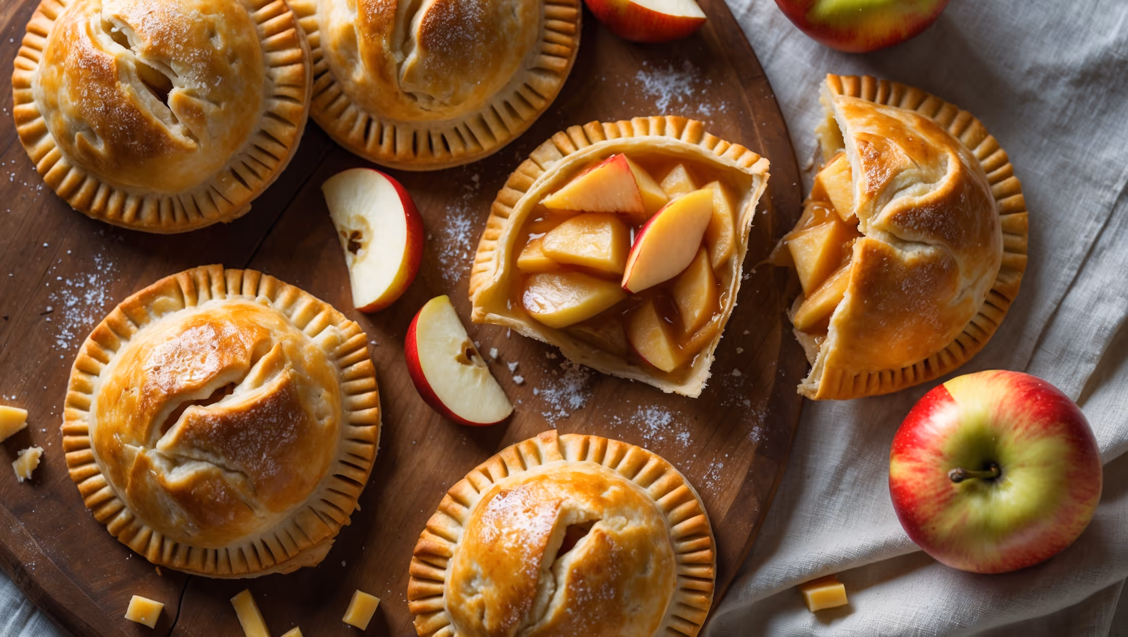 An overhead shot capturing golden-brown hand pies arranged on a rustic wooden board, with one pie broken open to reveal the steaming apple-cheddar filling. Soft natural light highlights the flaky, butter-speckled pastry layers and the glistening apple pieces intertwined with melted cheddar strands. A light dusting of sugar crystals sparkles on the crusts, while a few fresh apple slices and small chunks of aged cheddar are artfully scattered nearby. The warm amber tones of the baked pastry contrast beautifully with the red-green apple filling, all photographed against a neutral linen backdrop that emphasizes the homemade charm of these hand-held treats.