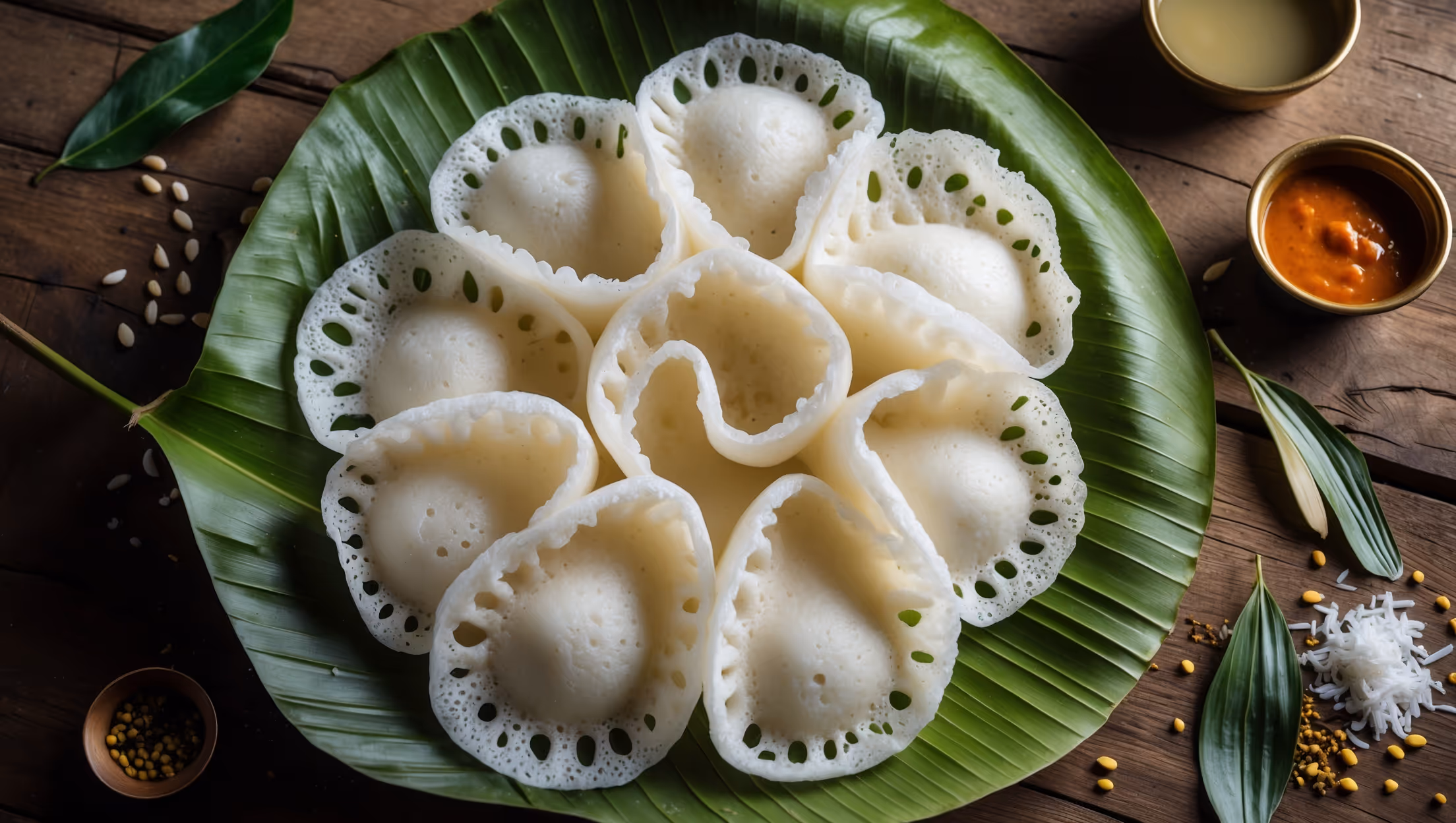 An overhead shot of freshly made appams, their distinctive bowl-shaped structure prominently displayed with delicately laced, crispy edges transitioning to pillowy soft centers. The pure white pancakes rest on traditional banana leaves against a rustic wooden surface, bathed in gentle morning light that highlights their unique honeycomb-like texture. A small brass vessel of coconut milk and another with spicy curry peek into the frame, suggesting traditional pairings. Scattered curry leaves, mustard seeds, and grated fresh coconut provide vibrant color accents, emphasizing the South Indian heritage of this fermented rice delicacy.