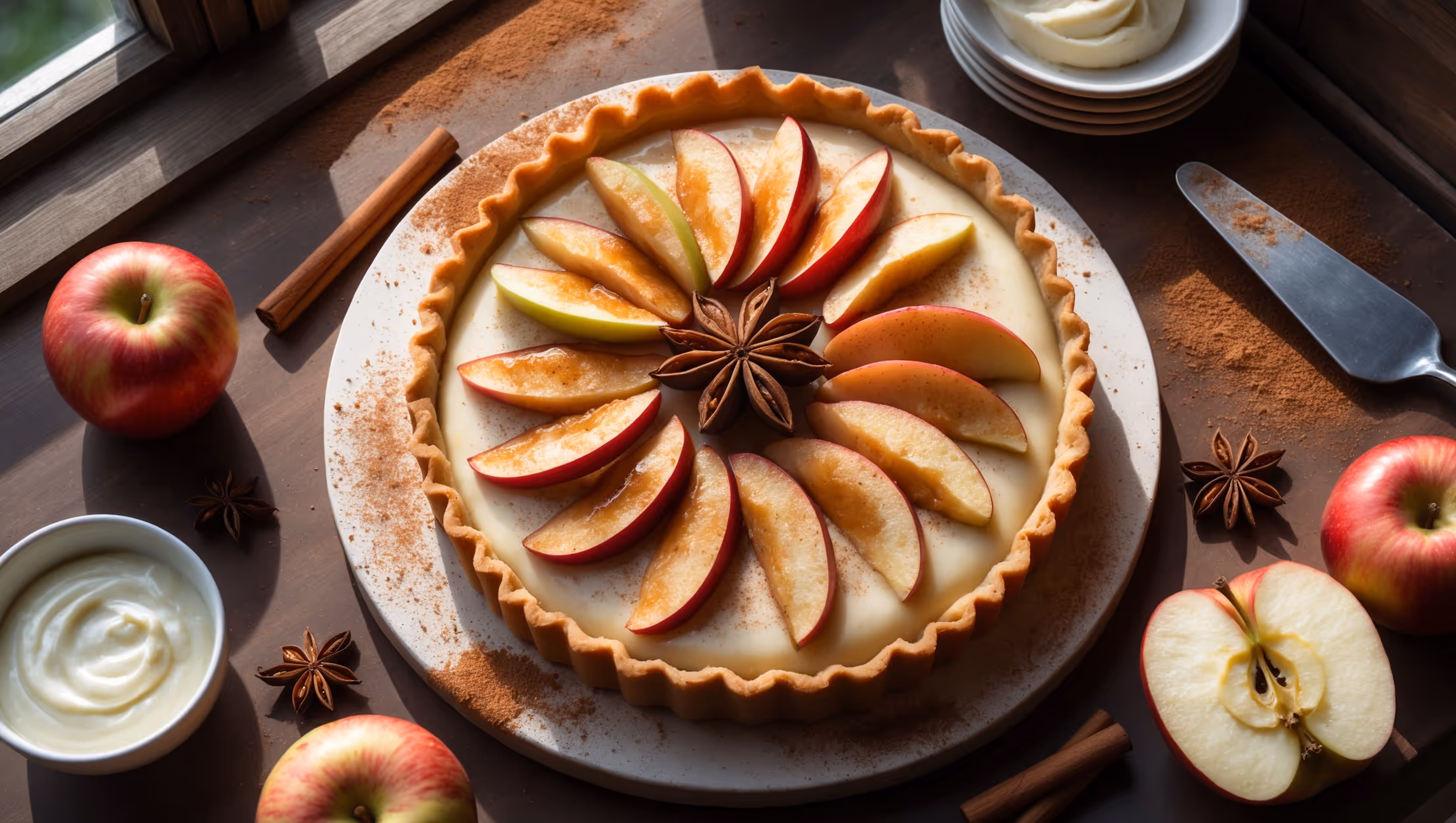 An overhead shot of a perfectly baked Apple Cinnamon Custard Tart with a golden-brown shortcrust edge and caramelized apple slices arranged in an elegant pattern atop the set custard. Natural window light casts gentle shadows highlighting the tart's glossy surface where cinnamon specks dot the custard. A cross-section view reveals distinct layers of buttery pastry, velvety vanilla custard, and tender apple slices. The tart rests on a rustic wooden board dusted with cinnamon, with a small bowl of crème fraîche and a vintage cake server nearby. A scattered arrangement of fresh apple slices, cinnamon sticks, and star anise complements the warm autumnal palette of caramel, cream, and russet tones.