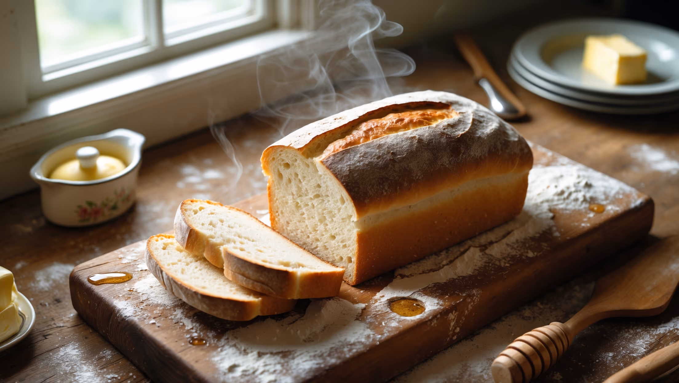 An overhead shot of a freshly baked Amish White Bread loaf on a rustic wooden board, with one perfectly sliced piece revealing its cloud-like interior texture. The bread's golden-brown crust glistens slightly in soft natural light streaming through a kitchen window, while a vintage butter dish and honey dipper sit nearby. A light dusting of flour remains on the board, telling the story of its homemade origins. Steam rises gently from the exposed slice, highlighting the bread's warmth and freshness, while the smooth, domed top shows perfect rising and baking technique.