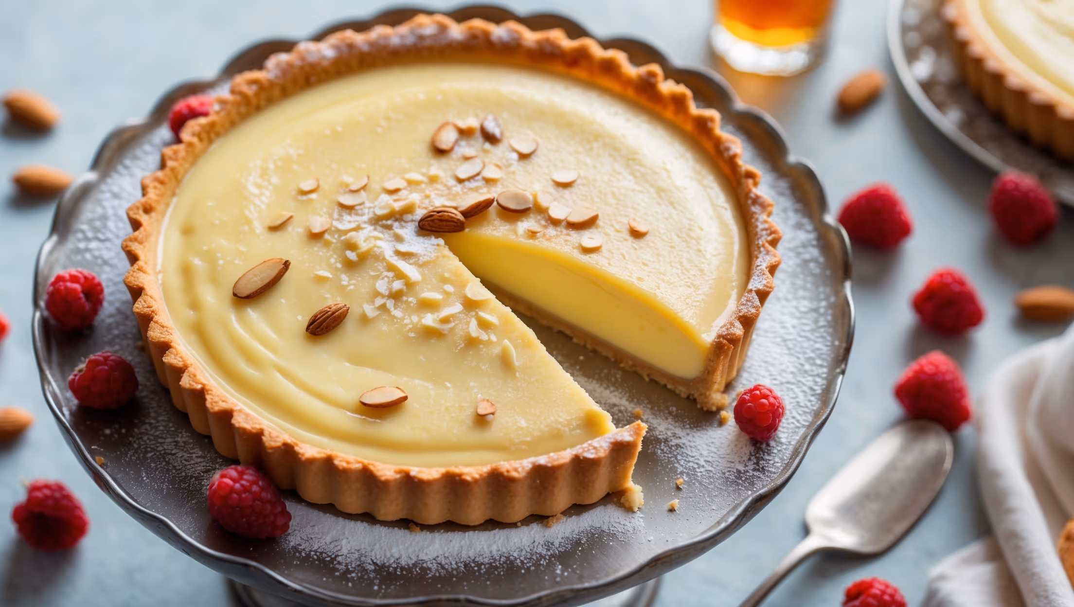 An overhead shot captures the Amaretto Custard Tart's glistening surface, where golden custard displays the perfect wobble. A cross-section reveals the contrast between crisp, golden pastry and smooth, vanilla-flecked filling. Captured in soft natural light on a vintage cake stand, scattered toasted almond slivers and a light dusting of powdered sugar provide texture. A small glass of amaretto sits nearby, reinforcing the key flavor profile, while fresh berries add vibrant color splashes against the custard's creamy yellow backdrop.