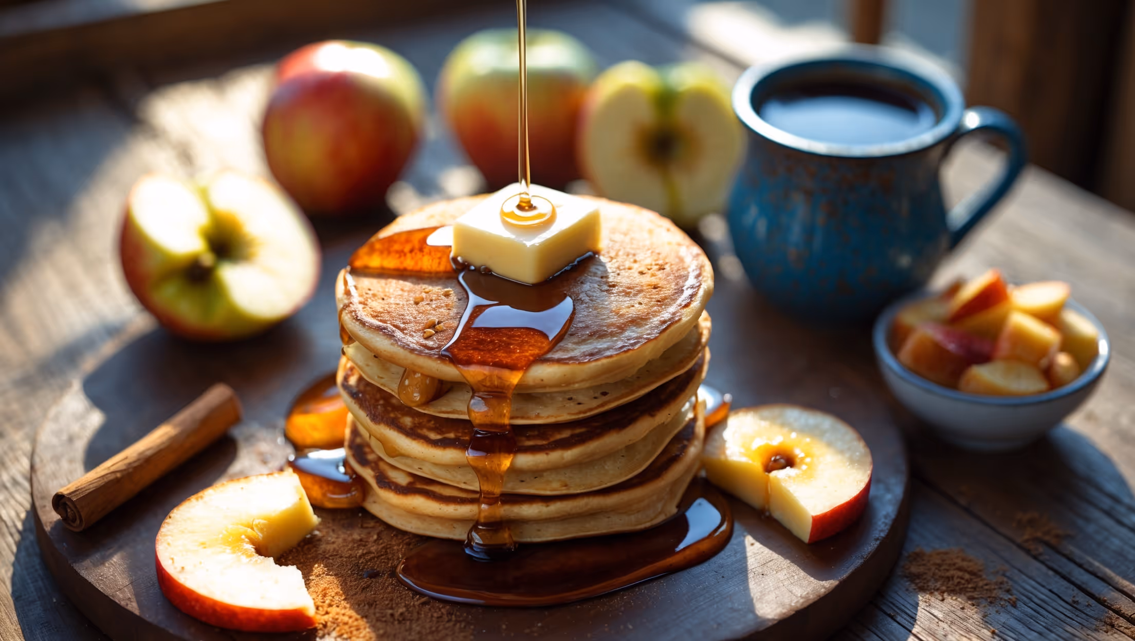An overhead shot of a rustic wooden table showcases a stack of three golden-brown pancakes with visible specks of cinnamon and chunks of caramelized apples. A pat of melting butter rests on top, with pure maple syrup cascading down the sides, catching the soft morning light streaming through a nearby window. Surrounding the main stack are fresh apple slices, a cinnamon stick, and a small pitcher of additional warm maple syrup. In the background, slightly blurred, sits a vintage blue ceramic mug of steaming coffee and a small bowl of diced apples tossed in cinnamon sugar, presenting all the components of this cozy breakfast experience.