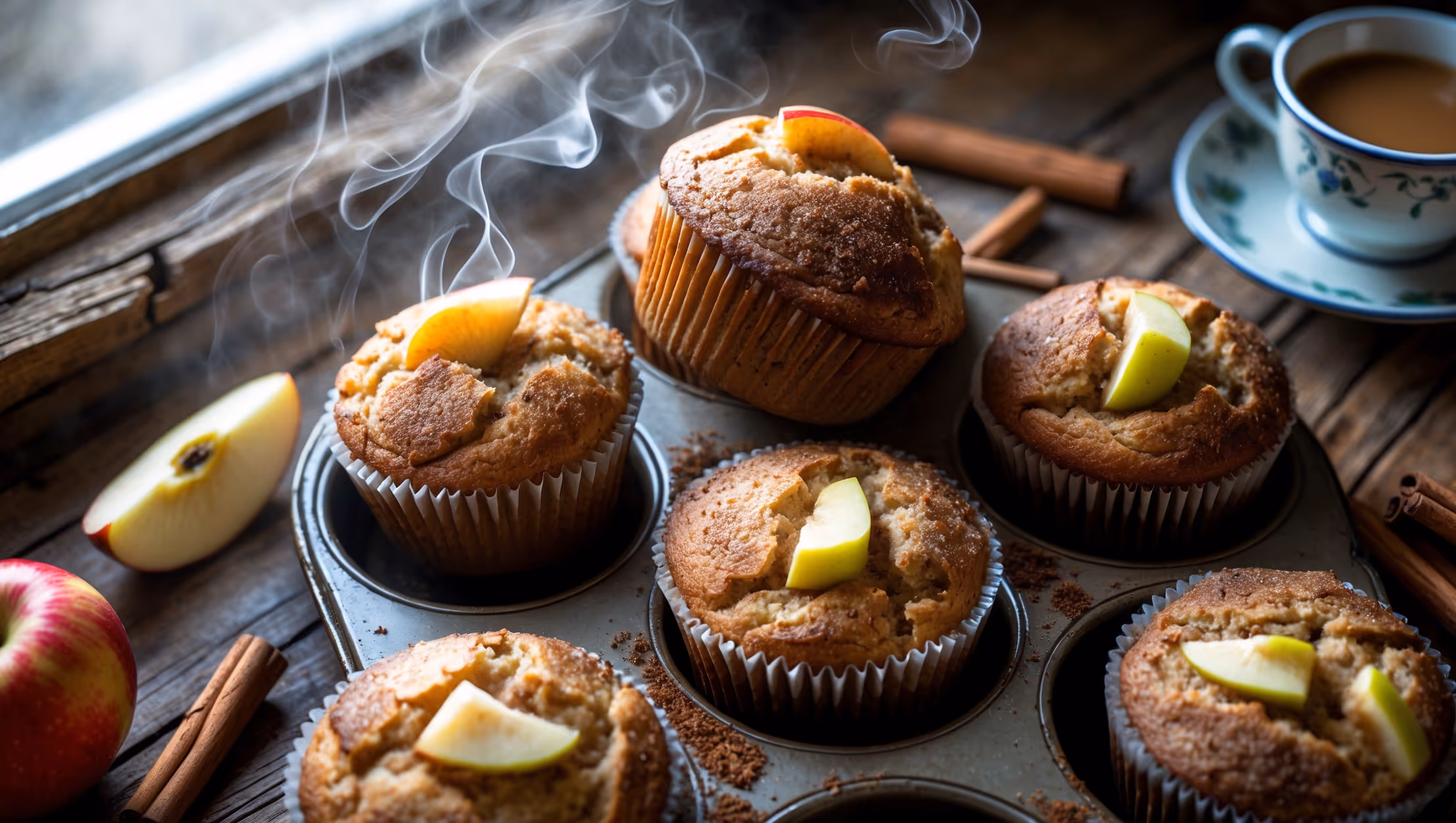 An overhead shot of golden-brown apple cinnamon muffins in a rustic muffin tin, with one removed and broken open to reveal a moist, fluffy interior studded with tender apple pieces. Captured in soft morning light streaming through a kitchen window, the scene includes scattered cinnamon sticks, fresh apple slices, and a dusting of cinnamon sugar visible on the crackled muffin tops. Steam rises gently from the freshly-baked batch, highlighting their warmth against a weathered wooden table, with a vintage enamel cup of coffee positioned nearby, suggesting a perfect breakfast pairing.