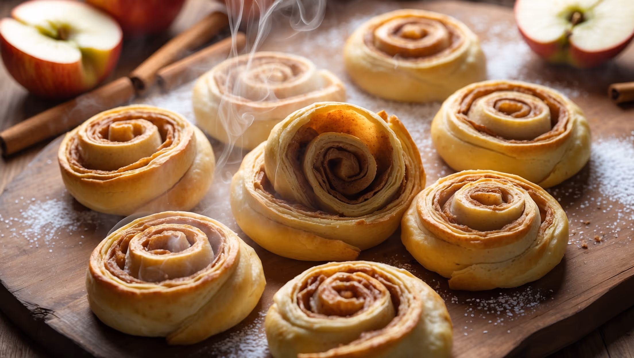 An overhead shot of perfectly baked Apple Cinnamon Pinwheels arranged on a rustic wooden serving board, their golden-brown spirals revealing swirls of caramelized apple and cinnamon filling. A cross-section view shows the delicate, flaky layers of pastry contrasted with the tender apple pieces. Soft natural light streams across the scene, highlighting the glistening vanilla glaze drizzled artfully over each pinwheel. In the background, a scattering of cinnamon sticks, fresh apple slices, and a sprinkle of powdered sugar create visual context, while steam gently rises from a freshly broken pinwheel, suggesting warmth and inviting the viewer to taste.