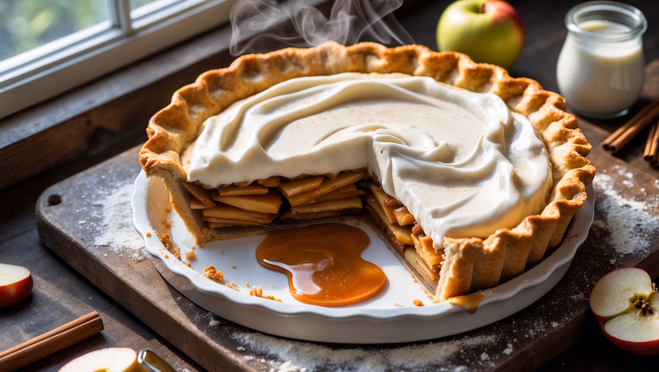 An overhead shot of a golden-brown Apple Cream Pie with a beautifully crimped edge, captured in soft natural light streaming through a kitchen window. The pie is photographed with one slice partially removed, revealing layers of caramelized cinnamon-spiced apples nestled beneath a pillowy layer of vanilla cream. A small pool of amber caramel sauce glistens as it drips from the slice onto a vintage ceramic plate. The pie rests on a weathered wooden board dusted with flour, with scattered fresh apple slices, cinnamon sticks, and a small jar of cream artfully arranged nearby. Steam rises subtly from the warm filling, suggesting it's freshly baked, while the contrast between the flaky golden crust and the creamy white topping creates a striking visual appeal.