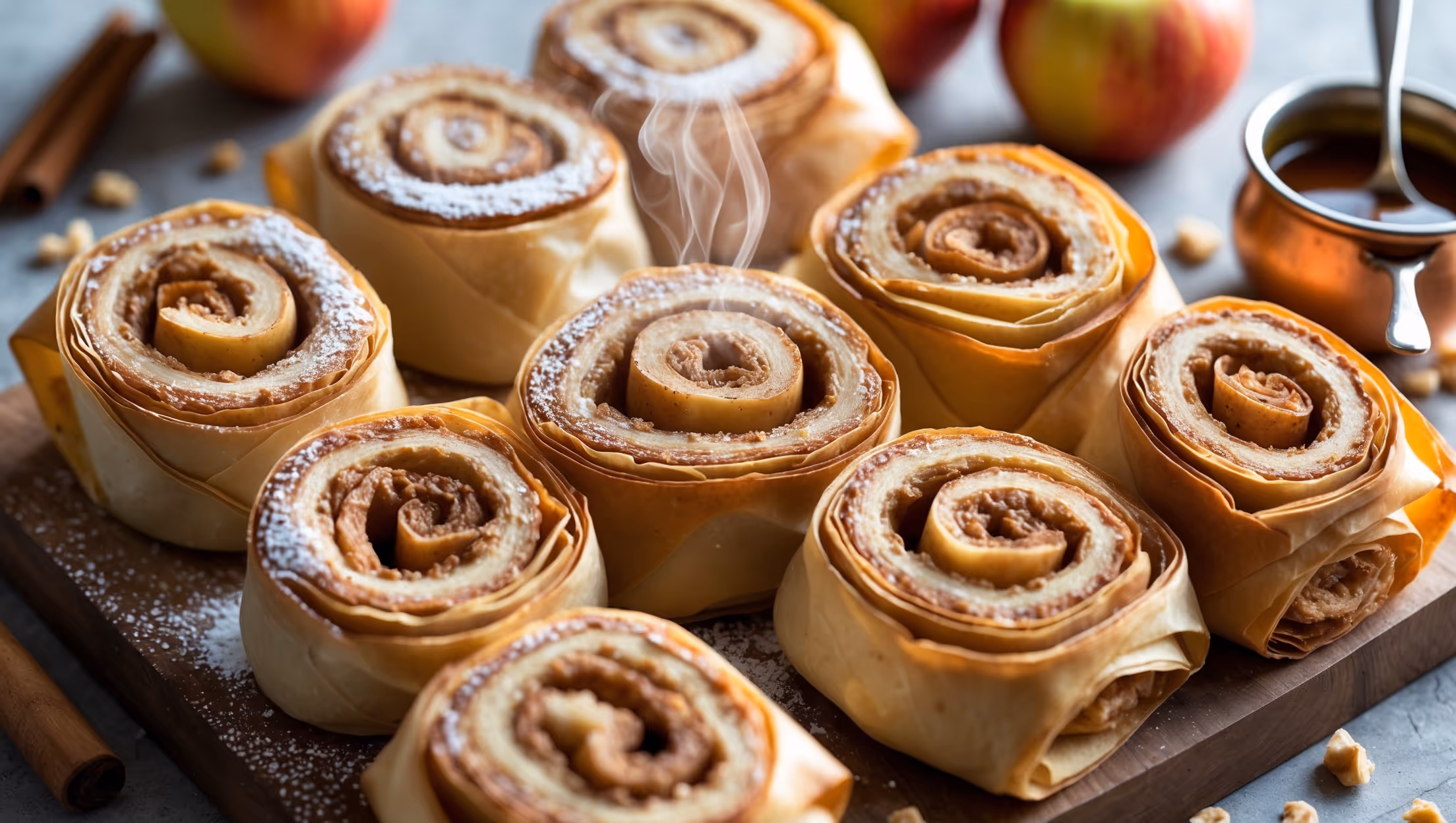An overhead shot of golden-brown phyllo rolls arranged on a rustic wooden serving board, with a cross-section view revealing the tender spiced apple filling peeking through the crisp, flaky layers. Soft natural light highlights the glistening surfaces dusted with a fine coating of powdered sugar and cinnamon. A small copper pot of warm caramel sauce sits nearby, with a spoon ready for drizzling. In the background, fresh apples and cinnamon sticks create context, while a light scattering of crushed walnuts adds texture. Steam rises subtly from a freshly cut roll, suggesting warmth and inviting the viewer to experience the contrast between the shattering crisp exterior and the soft, fragrant apple filling.