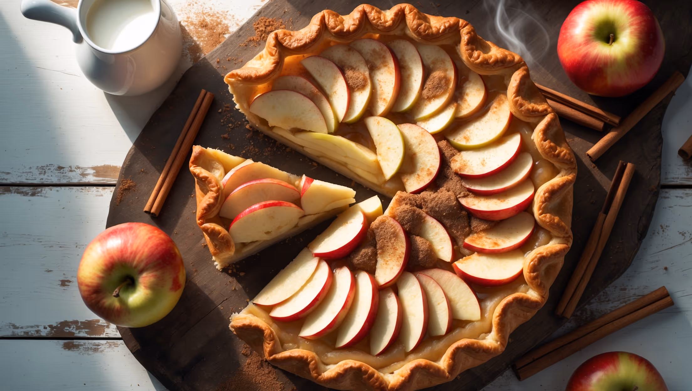 An overhead shot of a rustic Apple Custard Pie with a beautifully crimped golden-brown crust sitting on a weathered wooden serving board. A slice has been removed, revealing the perfect layers of tender apple slices suspended in creamy vanilla custard. Soft natural light streams across the scene, highlighting the caramelized apple edges and flaky pastry. A light dusting of cinnamon sugar glistens on the top, while a small pitcher of cream and a scattered arrangement of cinnamon sticks and fresh apples complete the composition. Steam gently rises from the freshly cut slice, suggesting its warmth and inviting aroma.