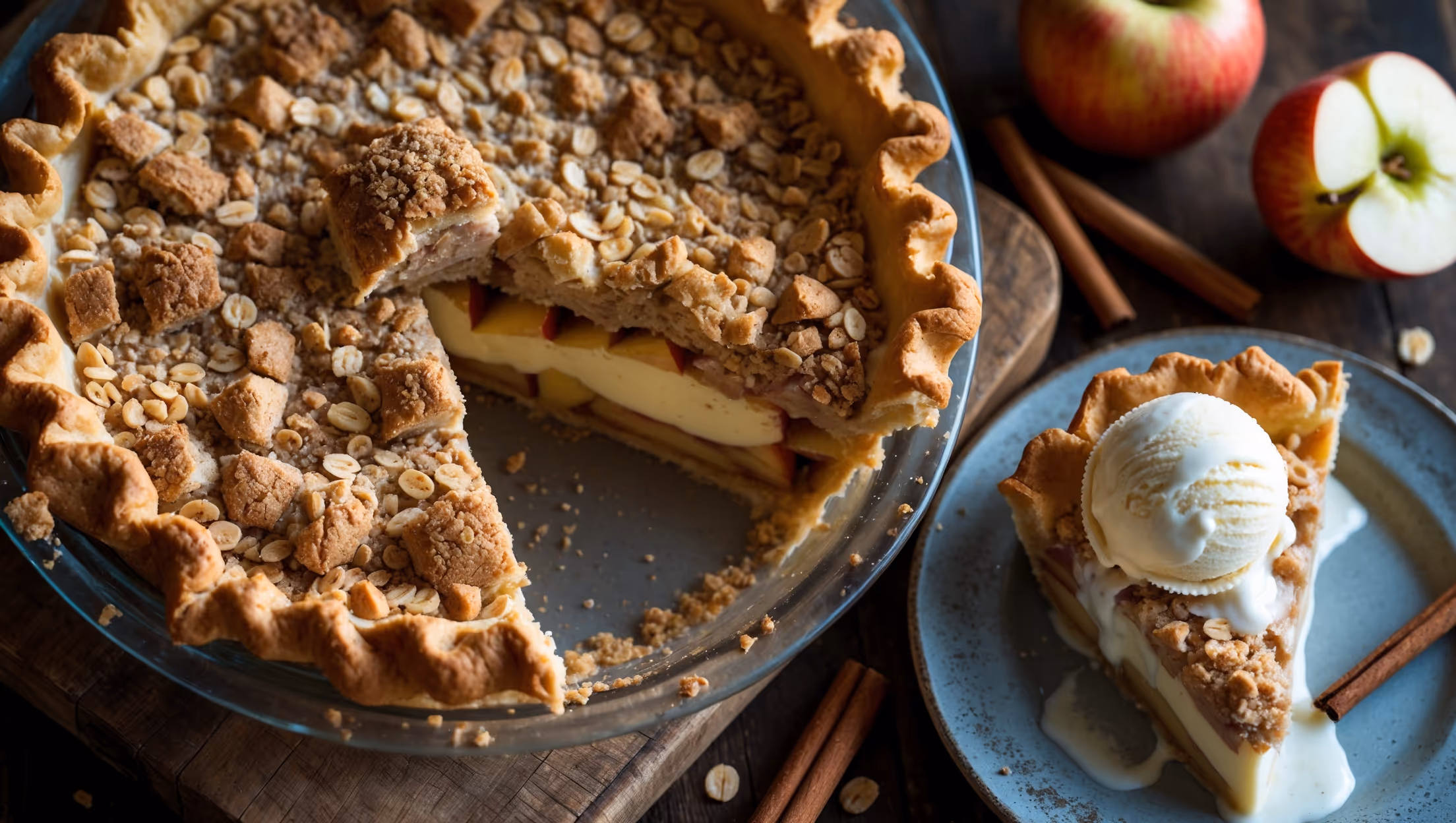 An overhead shot of the Apple Crumble Cream Pie showing its golden-brown crumble topping with visible chunks of oats and sugar crystals that glisten in soft natural light. A slice has been removed, revealing distinct layers of creamy vanilla custard and tender cinnamon-spiced apple pieces nestled in a perfectly baked flaky crust. The pie sits on a rustic wooden serving board, with a few fresh apple slices and cinnamon sticks artfully scattered nearby. A scoop of slowly melting vanilla ice cream accompanies the removed slice on a vintage dessert plate, with steam still rising from the warm interior of the pie.