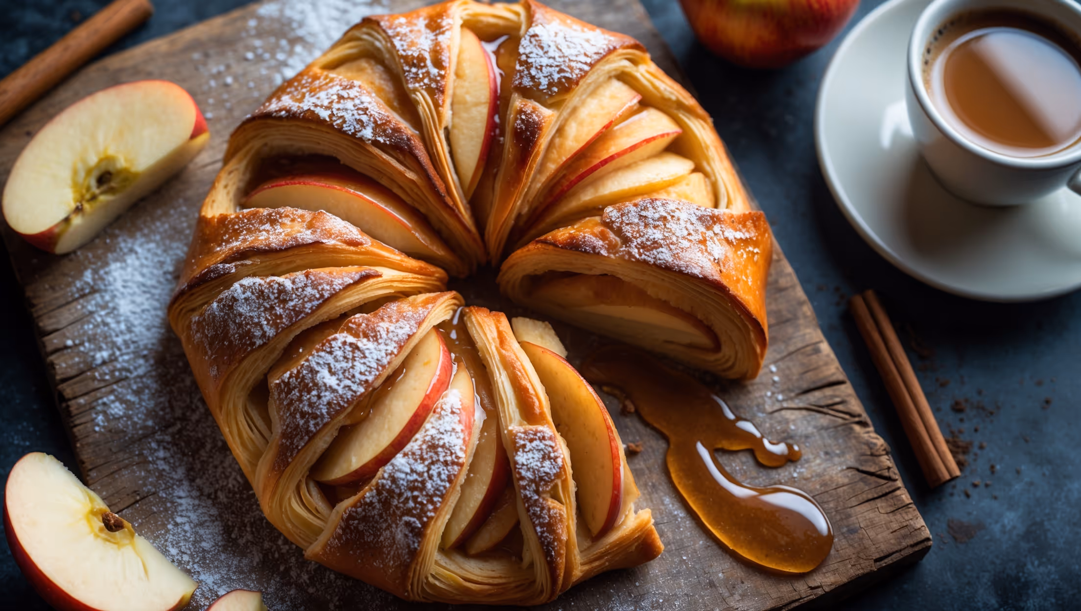 An overhead shot captures a golden-brown Apple Danish with visible flaky layers, its burnished surface glistening under soft morning light. A cross-section reveals the delicate pastry architecture supporting caramelized apple slices and creamy vanilla-flecked filling. Styled on a weathered wooden board with scattered cinnamon sticks, fresh apple slices, and a light dusting of powdered sugar creating beautiful contrast. A steaming cup of coffee sits nearby, suggesting the perfect breakfast pairing, while a drizzle of maple glaze catches the light as it cascades down the Danish's crisp edges.