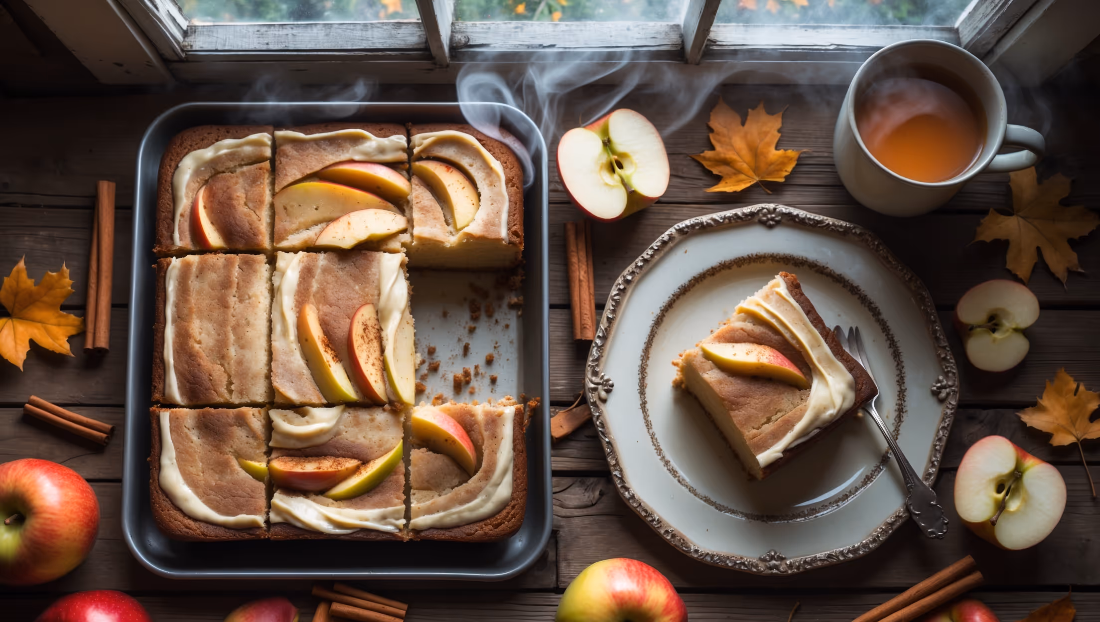 An overhead shot of a rustic wooden table displaying a freshly baked apple spice sheet cake, its golden surface dotted with visible apple pieces and warm spice specks. A perfect square slice rests on a vintage dessert plate, revealing the cake's tender, moist crumb studded with soft apple chunks. Soft natural light streams through a nearby window, highlighting the tantalizing swirls of cream cheese frosting and the delicate dusting of cinnamon on top. Scattered cinnamon sticks, fresh apple slices, and a few autumn leaves frame the cake, while steam gently rises from a mug of cider positioned alongside, creating a cozy, inviting autumn scene.