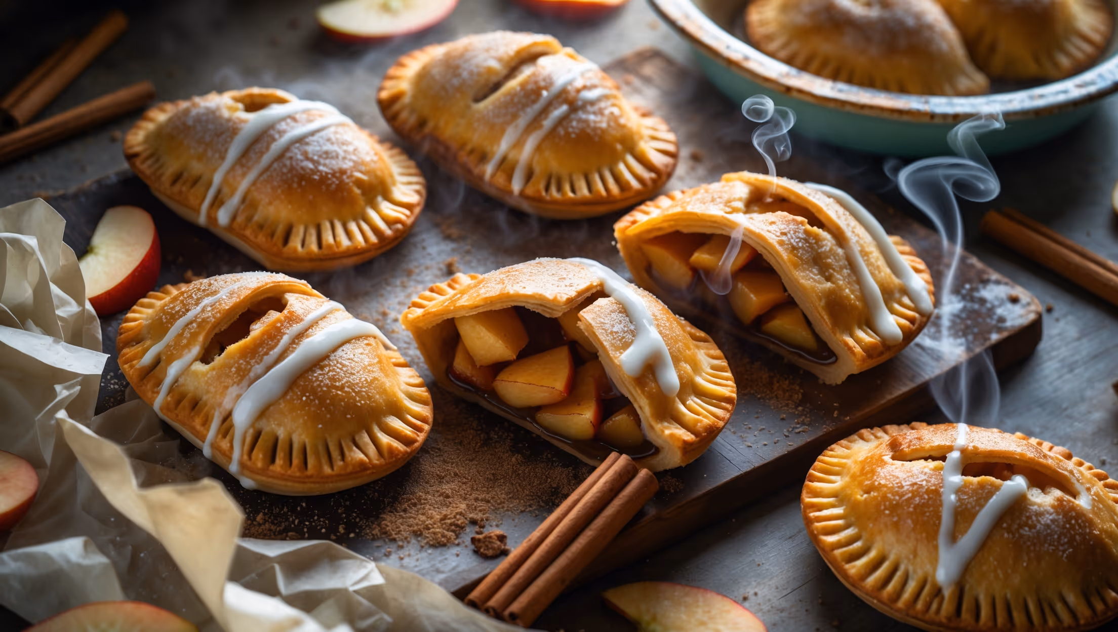 An overhead shot reveals six golden-brown apple hand pies arranged on a weathered wooden board, with a light dusting of sparkling sugar catching the soft natural light streaming through a kitchen window. The cross-section of one pie displays layers of flaky pastry encasing caramelized apple chunks bathed in a thick cinnamon syrup. A drizzle of vanilla glaze creates artistic white lines across several pies, while tiny steam wisps rise from a freshly broken pastry, revealing its piping hot filling. A scattered array of cinnamon sticks, apple slices, and crumpled parchment paper frames the composition, with a vintage enamel pie plate holding additional hand pies in the soft-focus background.