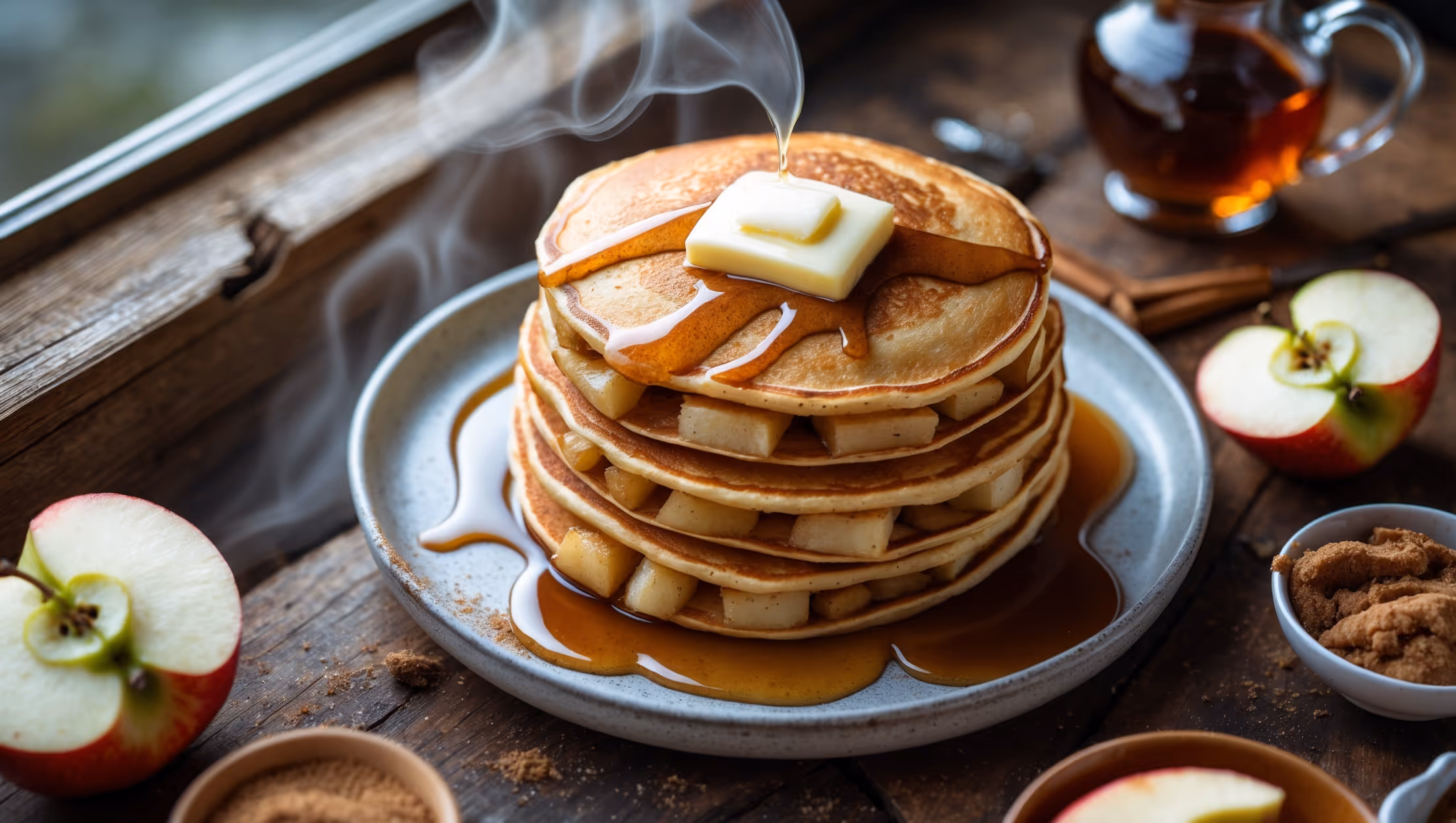 An overhead shot of a rustic wooden table showcasing a stack of three golden-brown pancakes, their edges slightly crisp and centers revealing tender apple chunks. A pat of melting butter sits atop the stack while maple glaze cascades down the sides, pooling elegantly on the plate below. Close-up details capture the caramelized apple pieces and cinnamon swirls throughout each pancake. Scattered around the plate are fresh apple slices, a small bowl of cinnamon sugar, and a vintage syrup pitcher. Soft morning light streams in from a nearby window, highlighting the steam rising from the freshly-cooked pancakes and creating a warm, inviting breakfast scene.