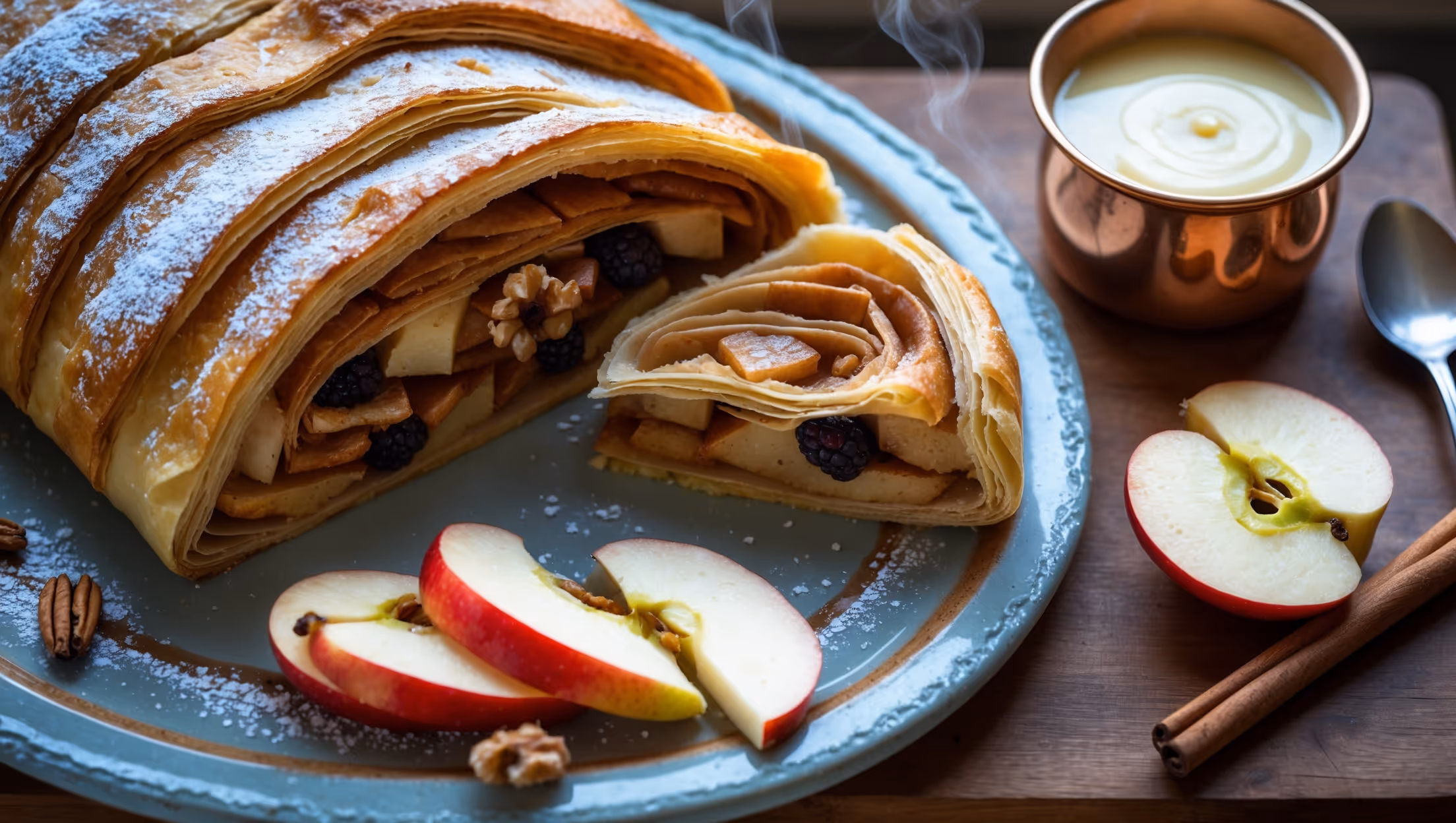 An overhead shot of a golden-brown Apple Strudel on a vintage ceramic platter, with a slice removed to reveal the layered interior of tender apple filling. Steam gently rises from the cut edge where cinnamon-speckled apples, plump raisins, and chopped walnuts peek through the paper-thin pastry layers. Soft natural window light highlights the flaky, buttery texture of the pastry, which is dusted with a fine coating of powdered sugar that creates beautiful contrast against the amber-hued crust. A small copper pot of vanilla custard sauce sits alongside, with a silver spoon ready for serving. The composition is completed with fresh apple slices and cinnamon sticks scattered artfully around the wooden serving board.