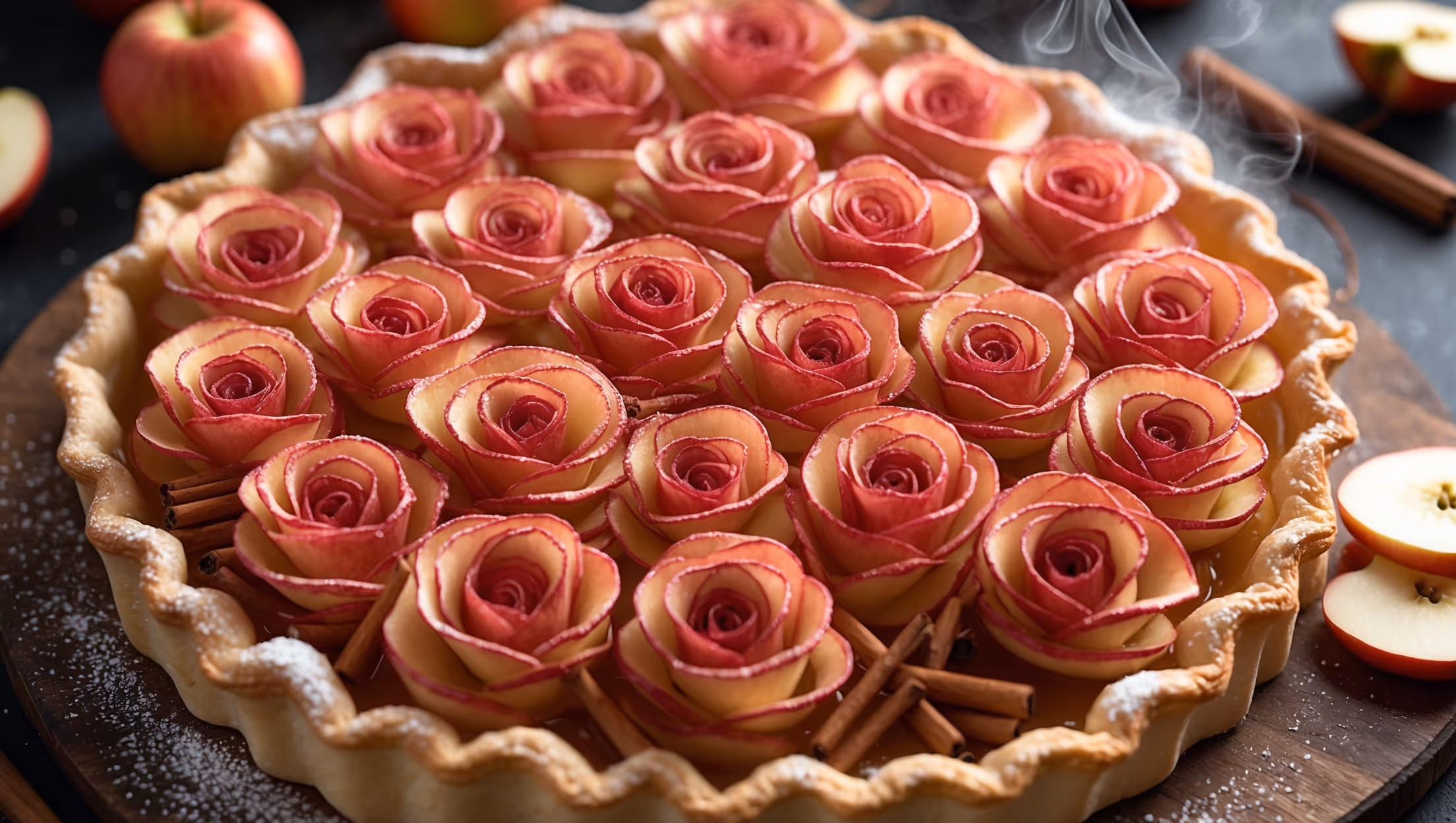 An overhead shot of the Apple Rose Pie reveals a mesmerizing pattern of thinly sliced apple "roses" arranged in concentric circles, their edges delicately curled and caramelized to a golden-red hue. Bathed in soft natural light, the pie sits on a rustic wooden serving board with scattered cinnamon sticks and fresh apple slices artfully placed alongside. A cross-section view displays the perfect layers of flaky, golden-brown pastry supporting the tender apple roses, which maintain their shape while glistening with a light apricot glaze. A dusting of powdered sugar creates beautiful contrast against the rich red-pink apple petals, while steam gently rises from the freshly baked masterpiece.