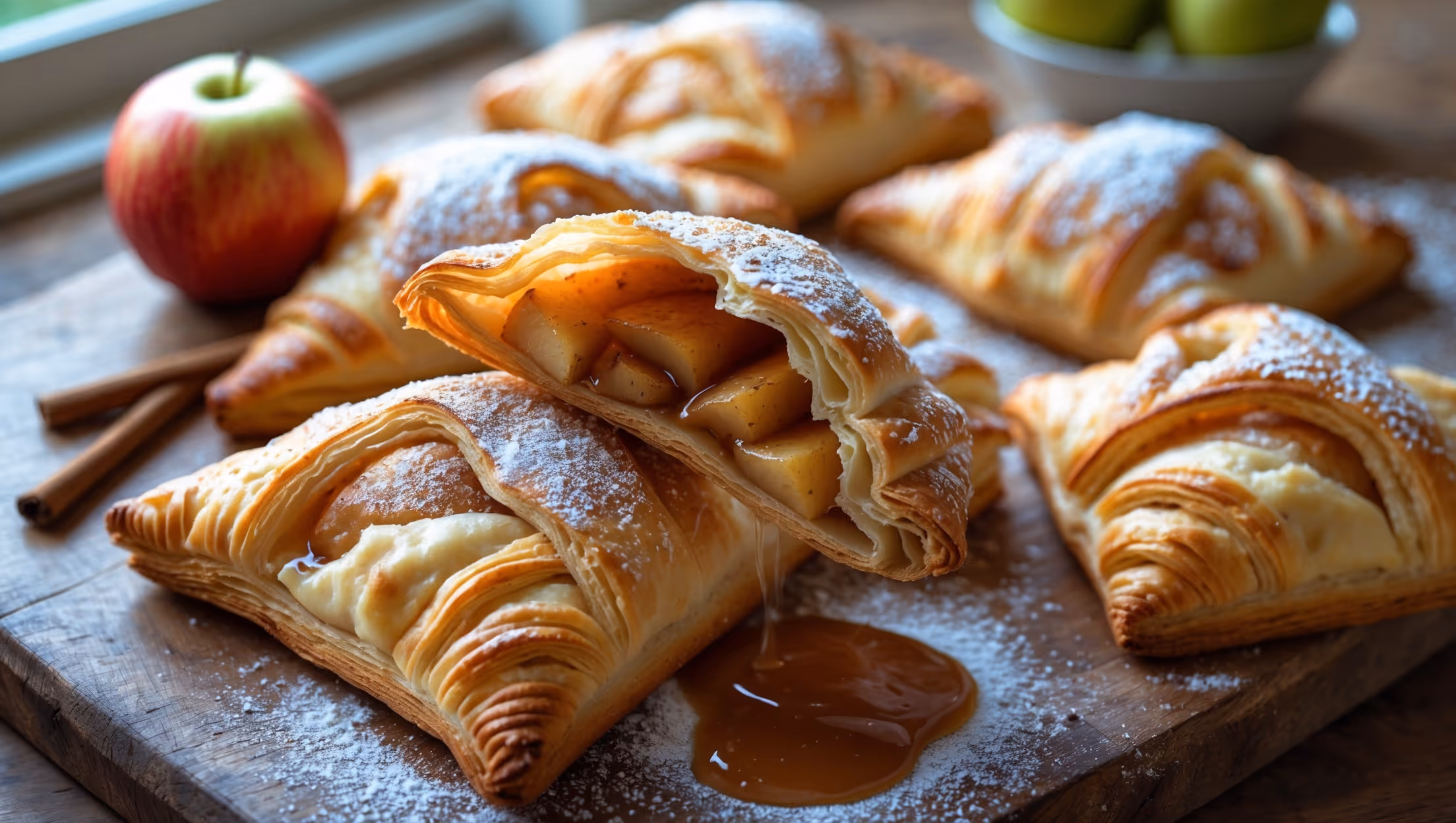 An overhead shot of golden-brown apple turnovers arranged on a rustic wooden board, with one turnover broken open to reveal the steam rising from its caramelized apple filling. Shot in soft natural light streaming through a kitchen window, highlighting the flaky pastry layers and glistening sugar crystals on top. A light dusting of powdered sugar creates contrast against the amber-colored pastry, while a small bowl of cinnamon sticks and fresh apples sits nearby. The turnover's edge reveals delicate, buttery layers that have puffed and separated during baking, with juices from the apple filling creating appealing caramel-colored spots.