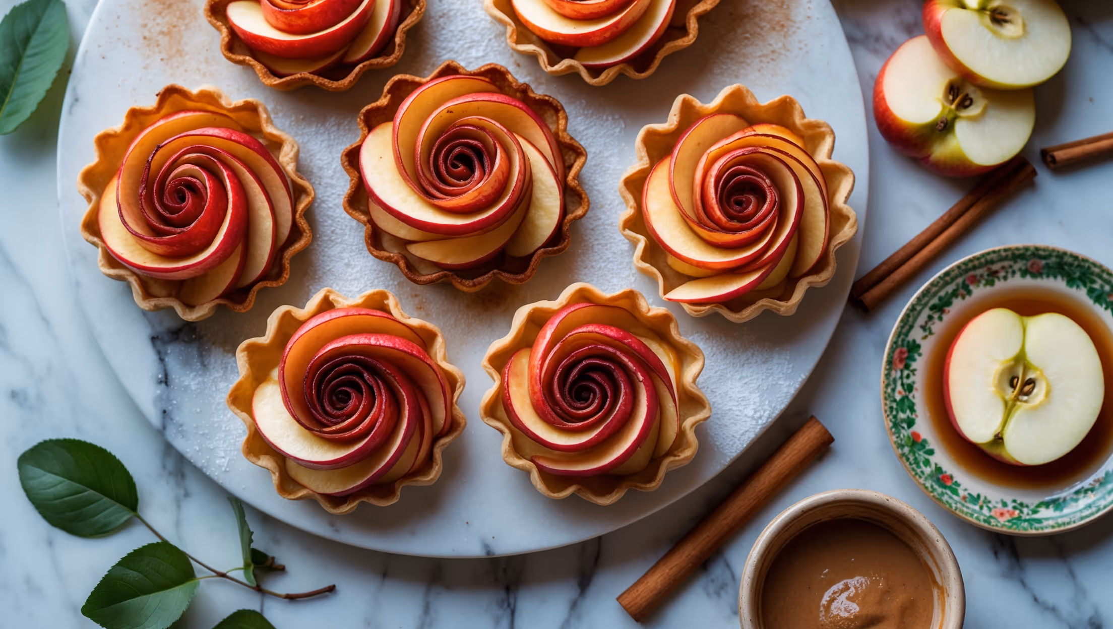 An overhead shot showcases a marble pastry board featuring six golden-brown apple rose tarts arranged in a circle, their intricate spiral patterns resembling blooming roses with caramelized edges. A cross-section reveals the delicate layering of paper-thin apple slices nestled in flaky, buttery pastry cups. Soft natural light highlights the glistening apple slices brushed with apricot glaze, creating a luminous sheen against the rustic pastry. A light dusting of powdered sugar contrasts with the ruby-red edges of the baked apples, while a vintage ceramic plate holds a single tart beside a small pot of cinnamon-infused cream. Scattered cinnamon sticks, fresh apple slices, and a few green leaves complete the composition, emphasizing the seasonal charm of these elegant individual desserts.