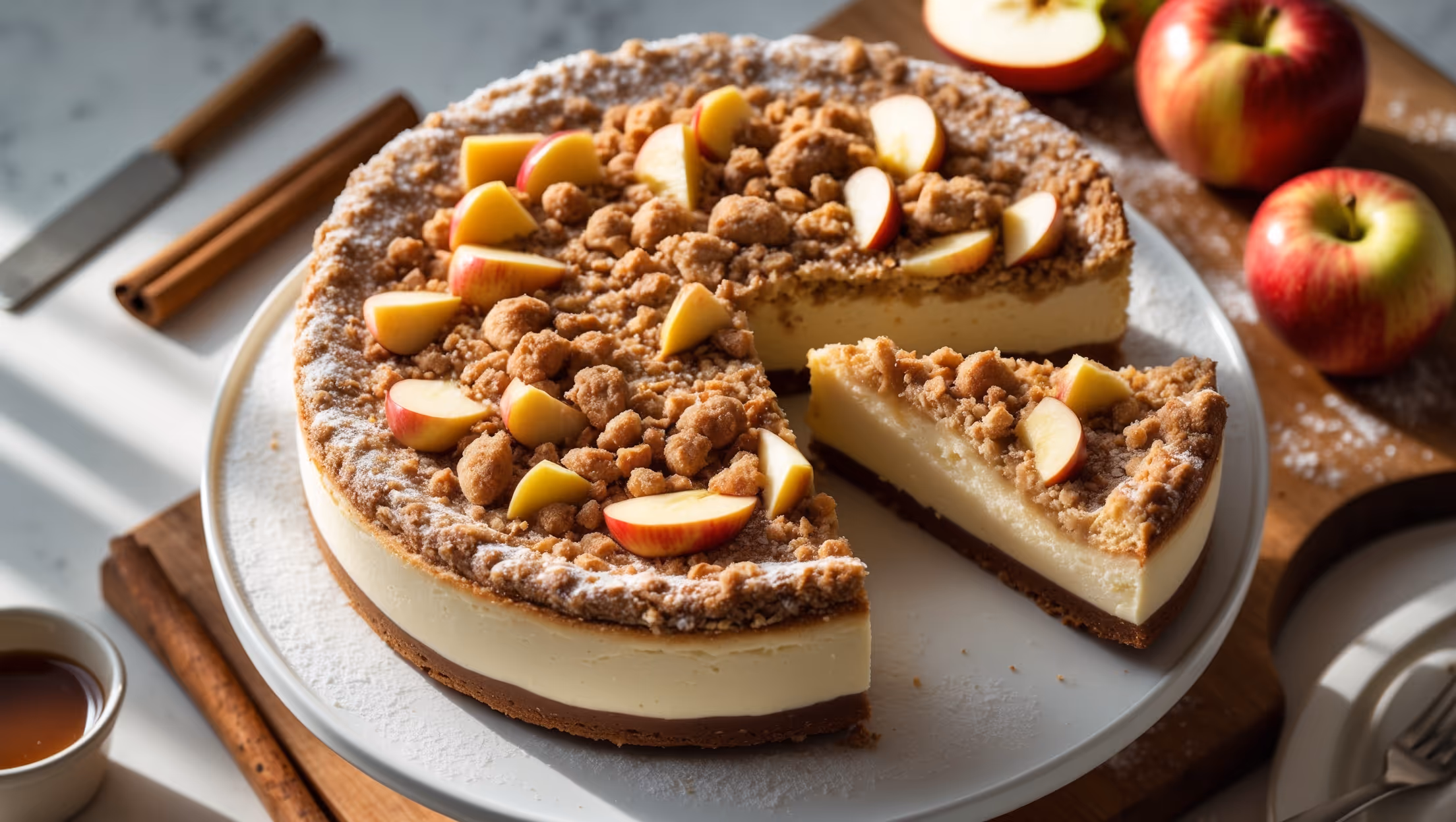 An overhead shot of an elegant Apple Streusel Cheesecake on a white ceramic cake stand, with a slice being removed to reveal distinct layers - the golden-brown streusel topping studded with tender apple pieces, the creamy ivory cheesecake center, and the warm graham cracker crust base. Soft natural light casts gentle shadows highlighting the textural contrast between the crumbly streusel and smooth cheesecake surface. A light dusting of confectioners' sugar creates a snow-like finish, while a small pitcher of caramel sauce sits nearby. In the background, cinnamon sticks and fresh apple slices are artfully scattered on a wooden serving board, reinforcing the autumn-inspired flavor profile.