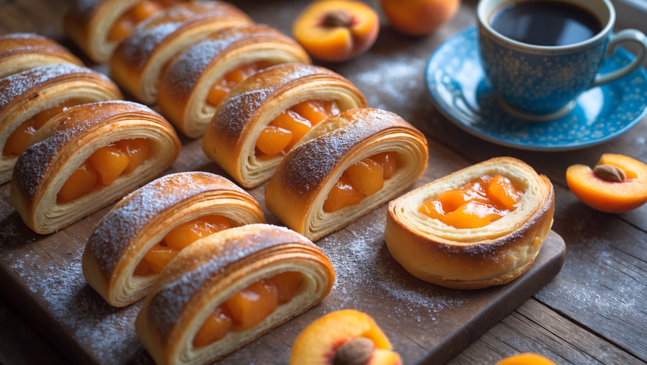 An overhead shot captures a batch of golden-brown Apricot Danishes arranged on a rustic wooden board, their laminated layers clearly visible around the edges. The centers showcase glossy apricot preserves with pieces of fresh apricot nestled within, their vibrant orange color creating a striking contrast against the pastry. A cross-section view reveals the distinct buttery layers of the Danish dough, while a dusting of powdered sugar catches the soft morning light streaming through a nearby window. In the background, a vintage blue ceramic plate holds a perfectly cut Danish beside a steaming cup of coffee, with scattered fresh apricot slices and a small jar of preserves completing the cozy breakfast scene.