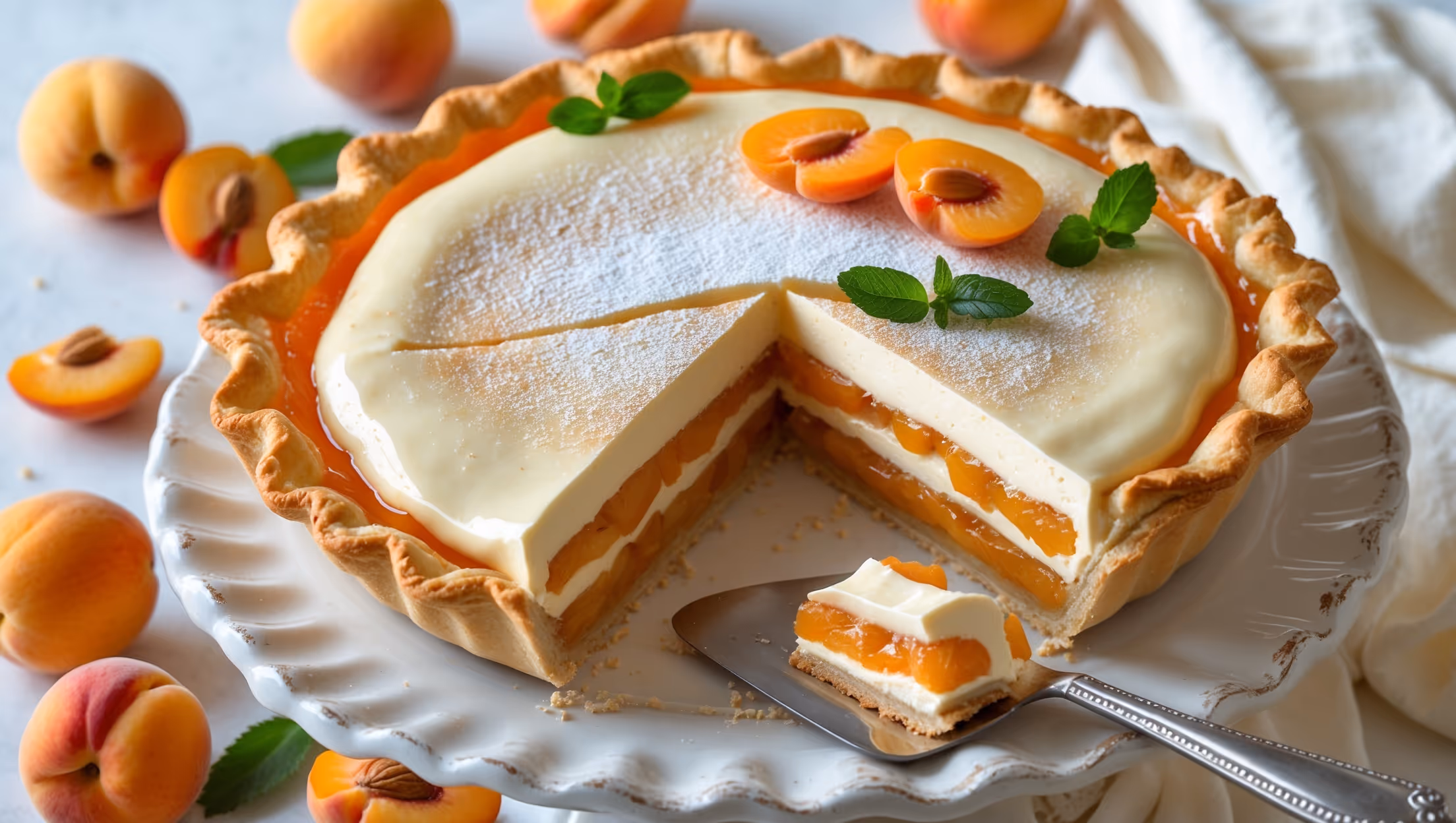 An overhead shot captures a beautifully golden Apricot Cream Pie with delicate scalloped edges, shot in soft natural light. The cross-section reveals three distinct layers: a flaky, golden-brown pastry base, vibrant orange apricot filling with visible fruit pieces, and a creamy white layer of vanilla custard topped with a light dusting of powdered sugar. A few fresh apricot slices and mint leaves garnish one edge of the pie, while a silver serving knife rests beside a slice being lifted from the pie, revealing the perfect layers. The pie sits on a vintage white ceramic stand against a backdrop of scattered fresh apricots and cream-colored linen.
