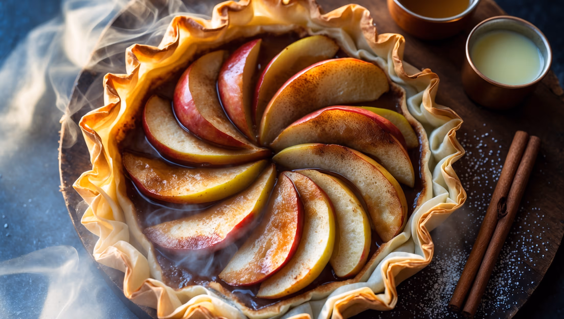 An overhead shot of the Apple and Cinnamon Phyllo Tart showcases its golden-brown, crinkled phyllo edges that frame caramelized apple slices arranged in an elegant spiral pattern. Soft natural light highlights the glistening sugar-cinnamon glaze, while a cross-section view reveals distinct flaky layers of buttery phyllo beneath the tender apple filling. The tart rests on a rustic wooden serving board, accompanied by a small copper pot of vanilla custard and a sprinkling of powdered sugar that catches the light. A cinnamon stick and fresh apple slice garnish complete the composition, with steam visibly rising from the freshly baked pastry, emphasizing its warmth and homemade appeal.