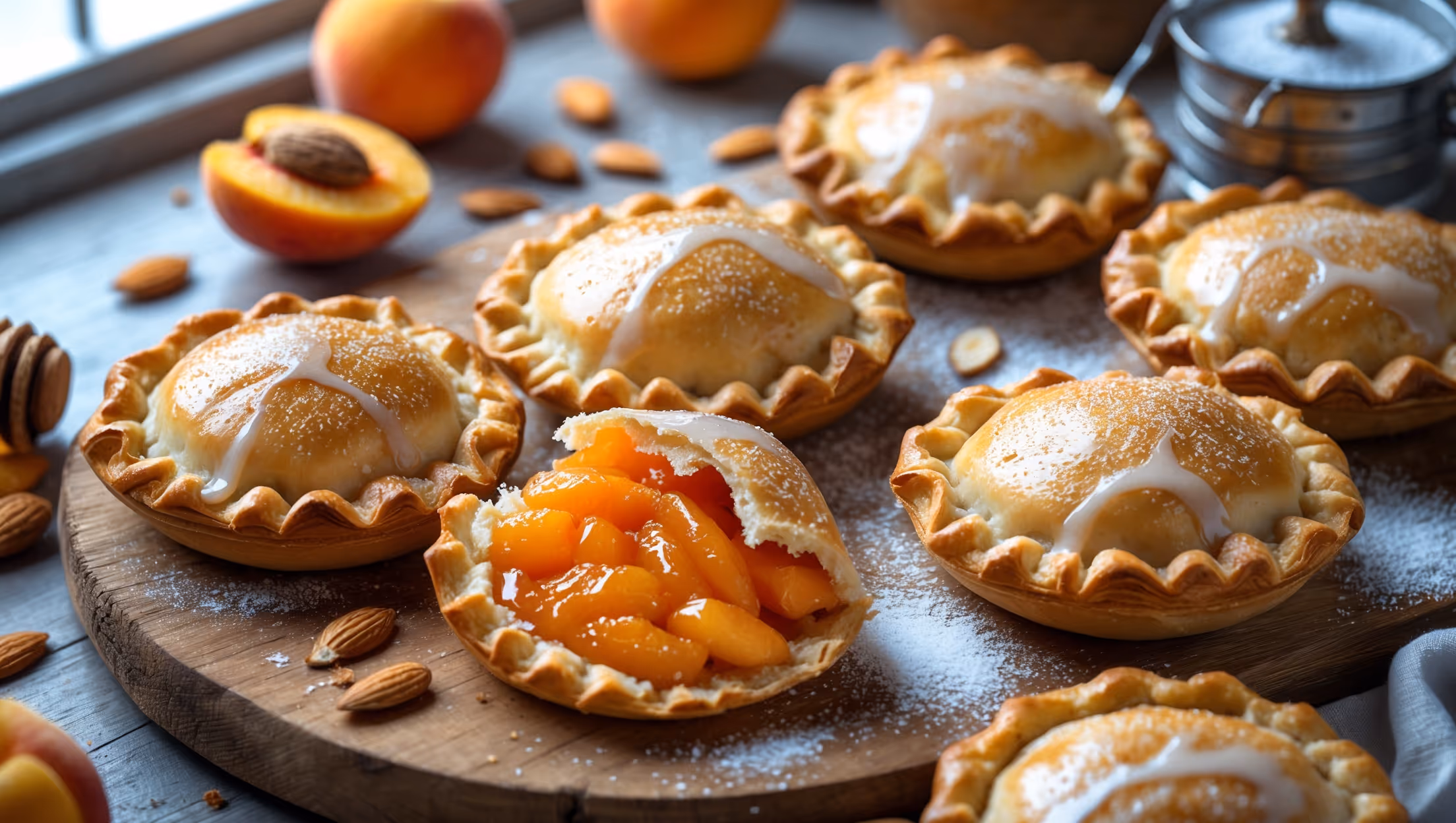 A rustic wooden board displays six golden-brown hand pies, their edges crimped decoratively and dusted with sparkling sugar. A cross-section shot reveals the vibrant orange apricot filling swirled with rich almond frangipane. Soft natural light streams in from a nearby window, highlighting the flaky layers of pastry and the glossy sheen of the almond glaze drizzled on top. Fresh apricot halves and scattered almond slivers surround the arrangement, with a small pot of honey and a vintage sifter of powdered sugar adding visual interest. Close-up details capture the beautiful contrast between the golden crust, amber filling, and white glaze, while steam rises gently from a freshly broken pie.