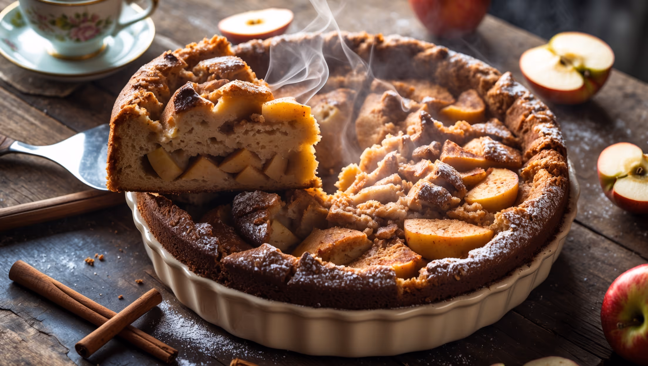 An overhead shot of a rustic apple cake in a ceramic dish, with a slice being lifted to reveal its moist, apple-studded interior. Soft natural light streams across the scene, highlighting the golden-brown crumb topping and caramelized apple pieces visible throughout. The cake sits on a weathered wooden table alongside a vintage teacup, with scattered cinnamon sticks, fresh apple slices, and a light dusting of powdered sugar creating visual interest. Steam rises gently from the freshly cut slice, emphasizing the cake's warmth and homemade appeal, while the rich amber tones of the baked apples contrast beautifully with the light cake crumb.