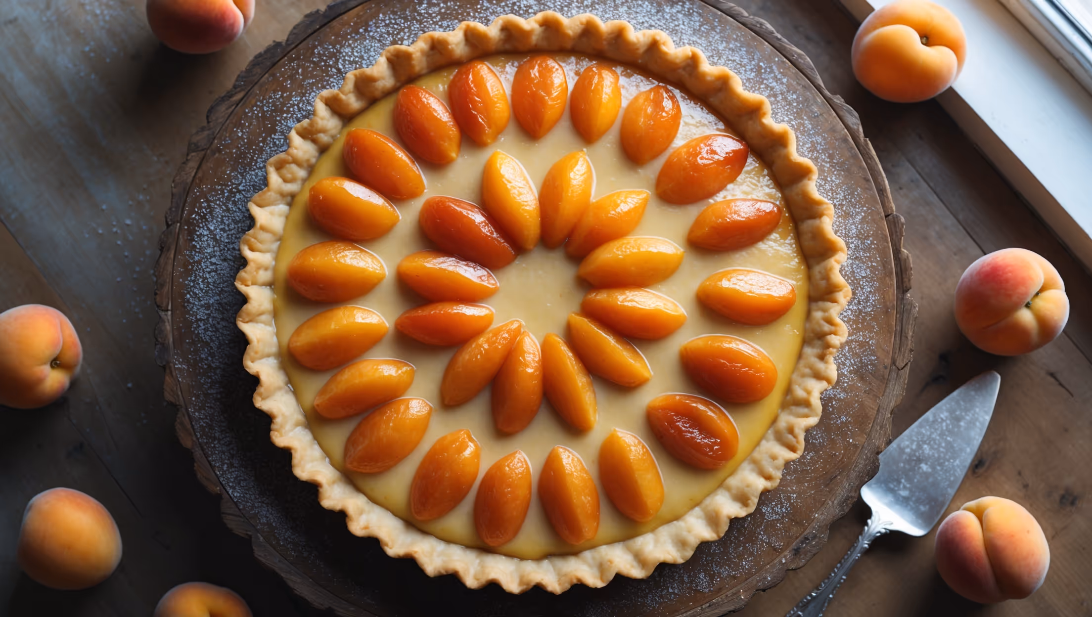 An overhead shot of the golden Apricot Custard Tart sitting on a weathered wooden cake stand, its fluted pastry edges perfectly crimped and baked to a deep amber color. A cross-section view reveals the three distinct layers: the crisp shortcrust base, creamy vanilla-flecked custard center, and caramelized apricot halves arranged in a radial pattern on top. Soft natural light streams in from a nearby window, highlighting the glossy apricots that glisten with apricot glaze. Several fresh apricots and a sprinkling of powdered sugar surround the tart, while a vintage silver cake server rests alongside, ready to cut into the first slice.