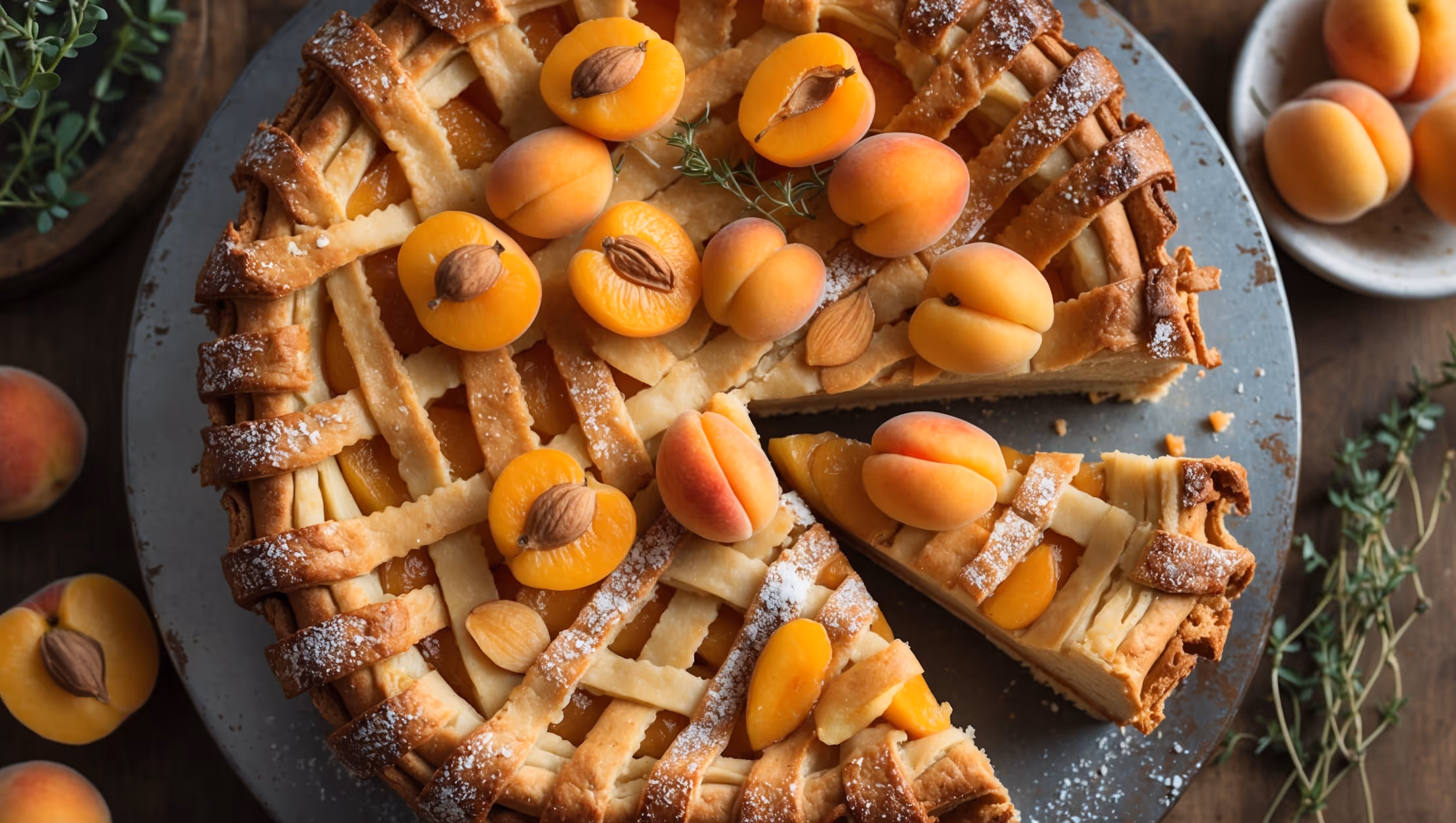 An overhead shot of the Apricot Almond Pie showcasing its perfectly golden-brown lattice crust with caramelized edges. Bright orange-yellow apricot halves peek through the lattice, their edges lightly browned and glistening. The pie sits on a weathered wooden cake stand, with soft natural light highlighting the flaky texture of the pastry. A cross-section slice reveals layers of tender almond frangipane beneath the fruit, with a few scattered sliced almonds and a light dusting of powdered sugar adding visual contrast. A small bowl of fresh apricots and a sprig of fresh thyme sit nearby, suggesting the farm-fresh ingredients. The warm, golden-hour lighting captures the rustic yet elegant nature of this seasonal dessert.