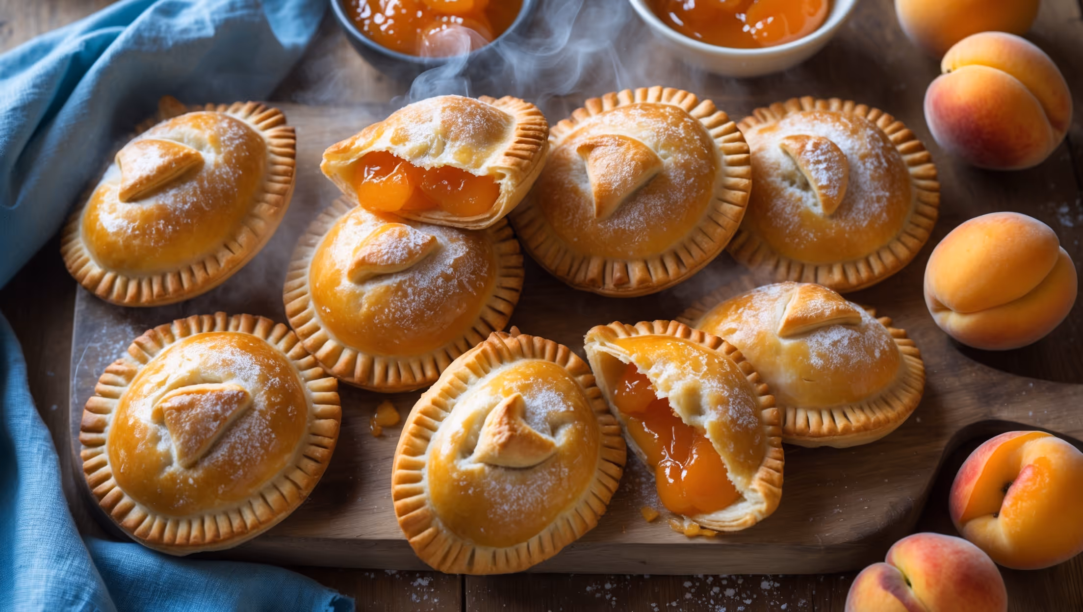 An overhead shot of six golden-brown apricot hand pies arranged on a rustic wooden board, with one cut open to reveal the vibrant orange apricot filling oozing slightly at the edges. Captured in soft natural light that highlights the flaky, butter-kissed pastry layers and sugar-sparkled tops. In the backdrop, fresh apricots and a small bowl of apricot preserves sit alongside a scattered dusting of icing sugar, while a vintage blue linen napkin adds contrast to the warm tones of the pastries. Steam rises gently from the freshly baked pies, suggesting they've just emerged from the oven.