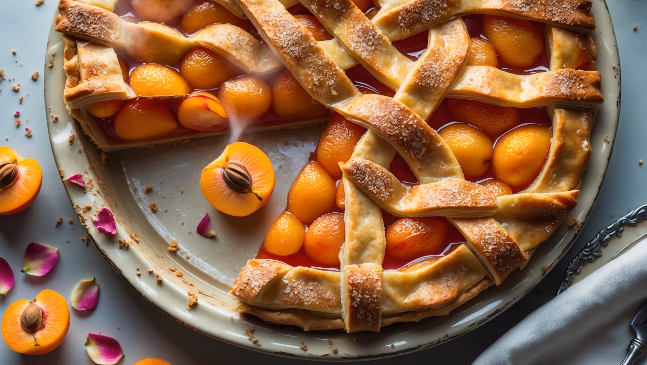 An overhead shot captures this golden Apricot Rose Pie, its lattice top glistening with sugar crystals in soft natural light. The exposed filling reveals vibrant orange apricot pieces nestled in a glossy, rose-tinted syrup. A cross-section view shows the flaky pastry base supporting the fruit filling, with a thin layer of almond cream visible beneath. Styled on a weathered ceramic cake stand with fresh apricot halves and scattered rose petals surrounding the pie, the scene is completed with a vintage silver server and linen napkin. Steam rises gently from a freshly cut slice, highlighting the warm amber hues of the perfectly baked fruit.