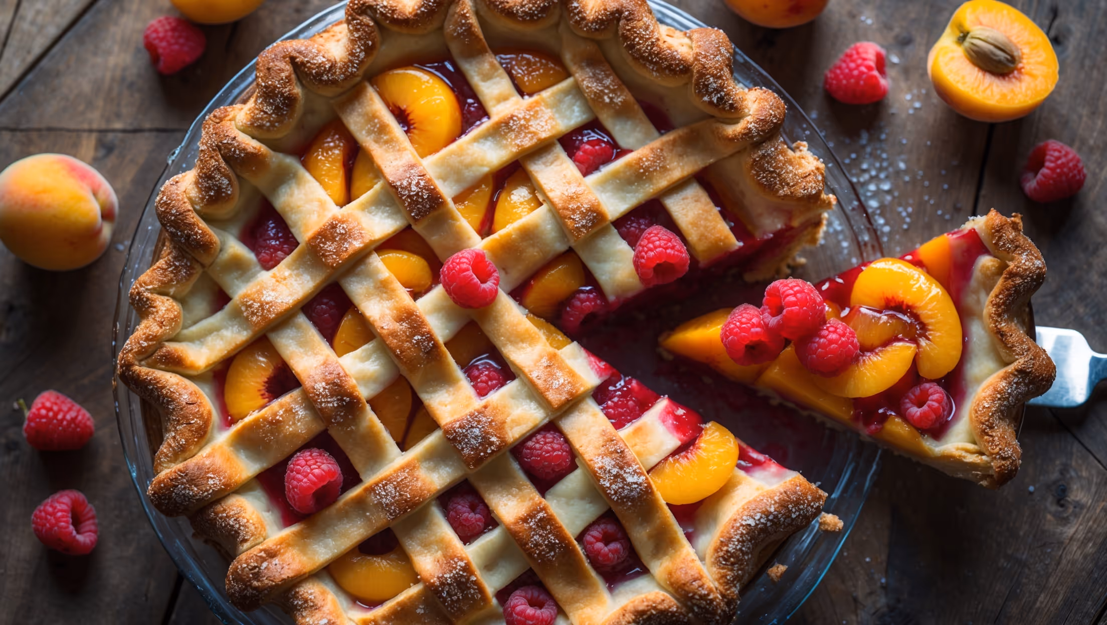 Overhead shot of a golden-brown Apricot Raspberry Pie with a lattice top crust dusted with sparkling sugar crystals, revealing vibrant orange-yellow apricot slices and ruby-red raspberries bubbling through the openings. The pie sits on a vintage cake stand against a rustic wooden table, with scattered fresh apricots and raspberries artfully arranged nearby. Soft natural light highlights the flaky texture of the pastry and the glossy fruit filling that's just slightly oozing at the edges. A slice has been removed, showcasing the perfect balance of jammy fruit filling and crisp, buttery crust, with steam still visibly rising, suggesting it's freshly baked.