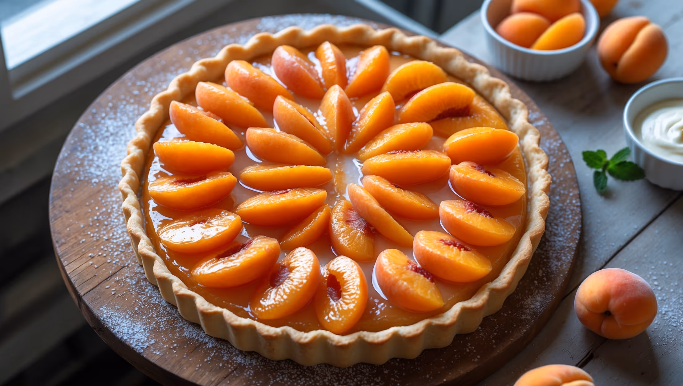 A stunning overhead shot of the golden-brown Apricot Tart, where vibrant orange apricot halves are arranged in a perfect circular pattern, glistening under a light apricot glaze that catches the soft natural light streaming through a nearby window. The shortcrust pastry edge appears perfectly crisp and evenly browned, with visible flaky layers. A cross-section view reveals the delicate almond frangipane layer beneath the fruit, surrounded by the clean-cut edge of the tart. The tart sits on a weathered wooden board alongside a small bowl of crème fraîche, a sprig of mint, and a few fresh apricots artfully scattered in the background. A dusting of icing sugar highlights the beautiful contours of the fruit, creating a striking contrast against the deep golden apricots.