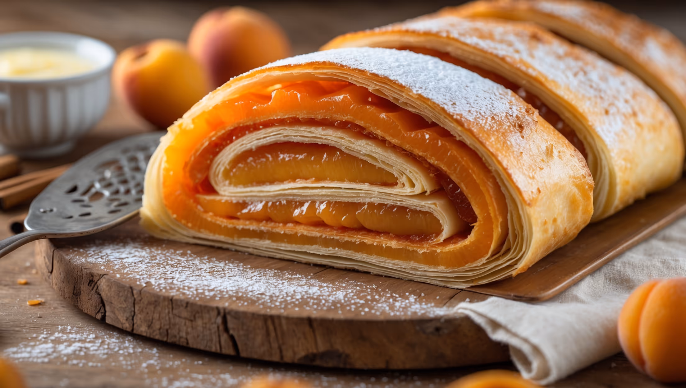 A golden-brown apricot strudel photographed in cross-section, revealing vibrant orange apricot layers nestled within whisper-thin pastry sheets. Shot in warm natural light, the strudel rests on a rustic wooden serving board with a light dusting of powdered sugar creating beautiful contrast against the caramelized pastry. Close-up details capture the delicate flaky texture, with some apricot filling gently bubbling at the edges. A vintage cake server rests nearby alongside a small bowl of vanilla custard, while scattered fresh apricots and cinnamon sticks create context in the soft-focus background.