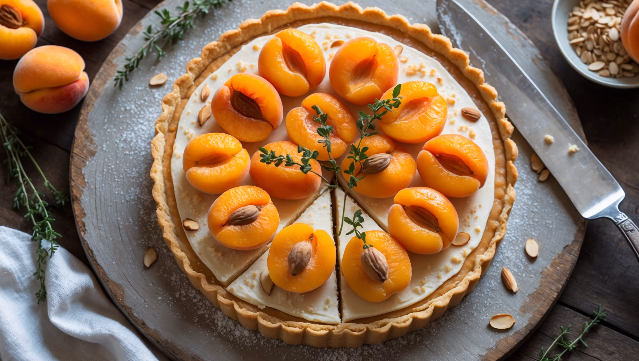 An overhead shot captures this golden Apricot Tart on a weathered wooden serving board, where neatly arranged apricot halves glisten with a delicate apricot glaze under soft afternoon light. The cross-section reveals layers of crisp shortcrust pastry, creamy almond frangipane, and tender apricots that have maintained their vibrant orange-yellow hue. Scattered fresh thyme leaves and a light dusting of icing sugar provide contrast against the fruit's jewel tones, while a vintage silver cake server rests alongside, ready to slice through the perfectly baked crust that shows a rich, sandy texture. In the background, a small bowl of fresh apricots and crushed almonds hint at the primary ingredients.